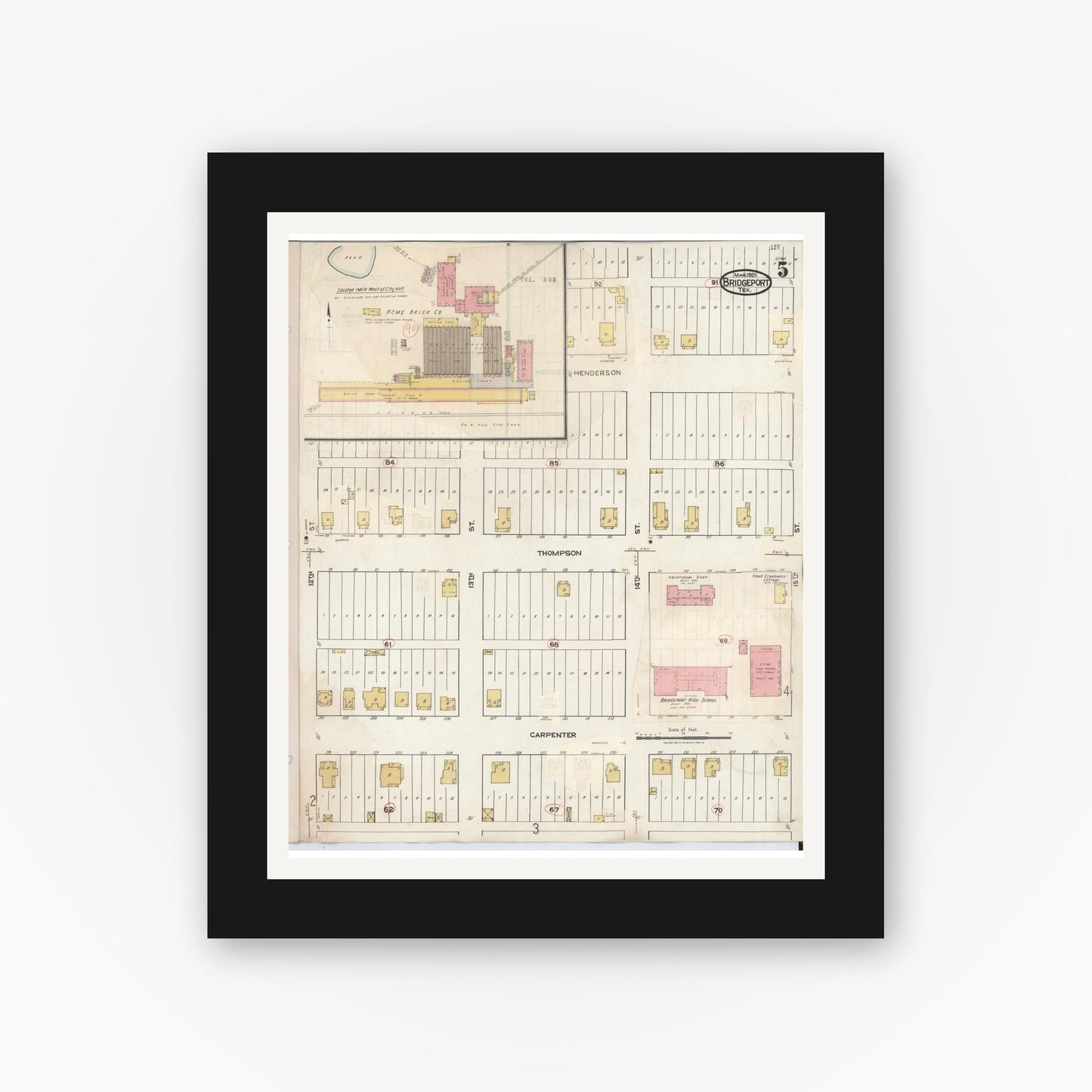 Old map wall art mockup — black gallery frame with white mat — Sanborn Fire Insurance Map from Bridgeport, Wise County, Texas (1944), Sheet #0005