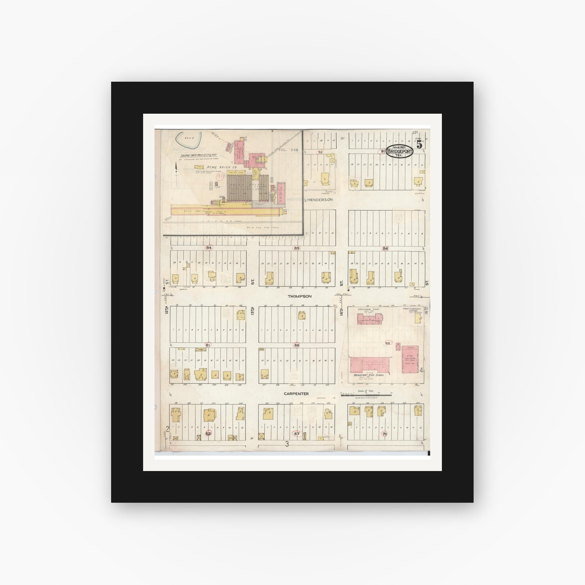 Old map wall art mockup — black gallery frame with white mat — Sanborn Fire Insurance Map from Bridgeport, Wise County, Texas (1944), Sheet #0005