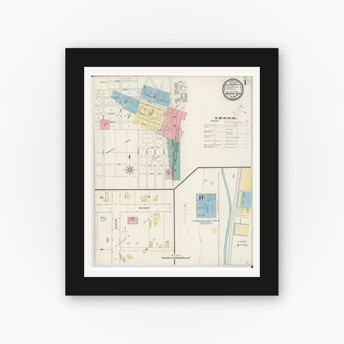 Old map wall art mockup — black gallery frame with white mat — Sanborn Fire Insurance Map from Mineral Point, Iowa County, Wisconsin (1894) - Complete Map Set