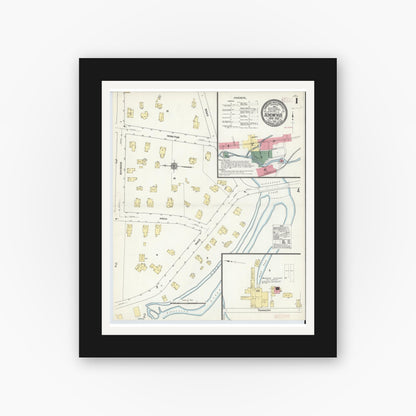 Old map wall art mockup — black gallery frame with white mat — Sanborn Fire Insurance Map from Schenevus, Otsego County, New York (1910), Sheet #0001