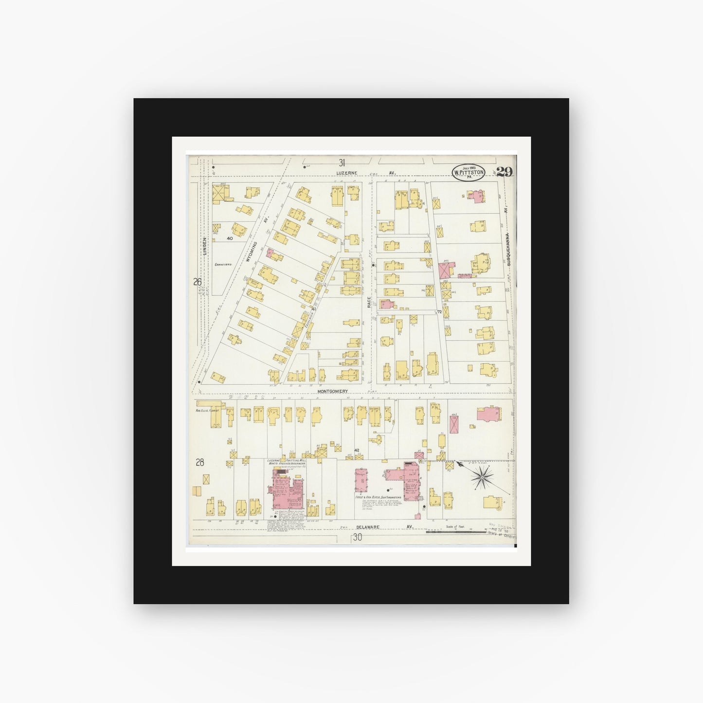 Old map wall art mockup — black gallery frame with white mat — Sanborn Fire Insurance Map from Pittston, Luzerne County, Pennsylvania (1903), Sheet #0029