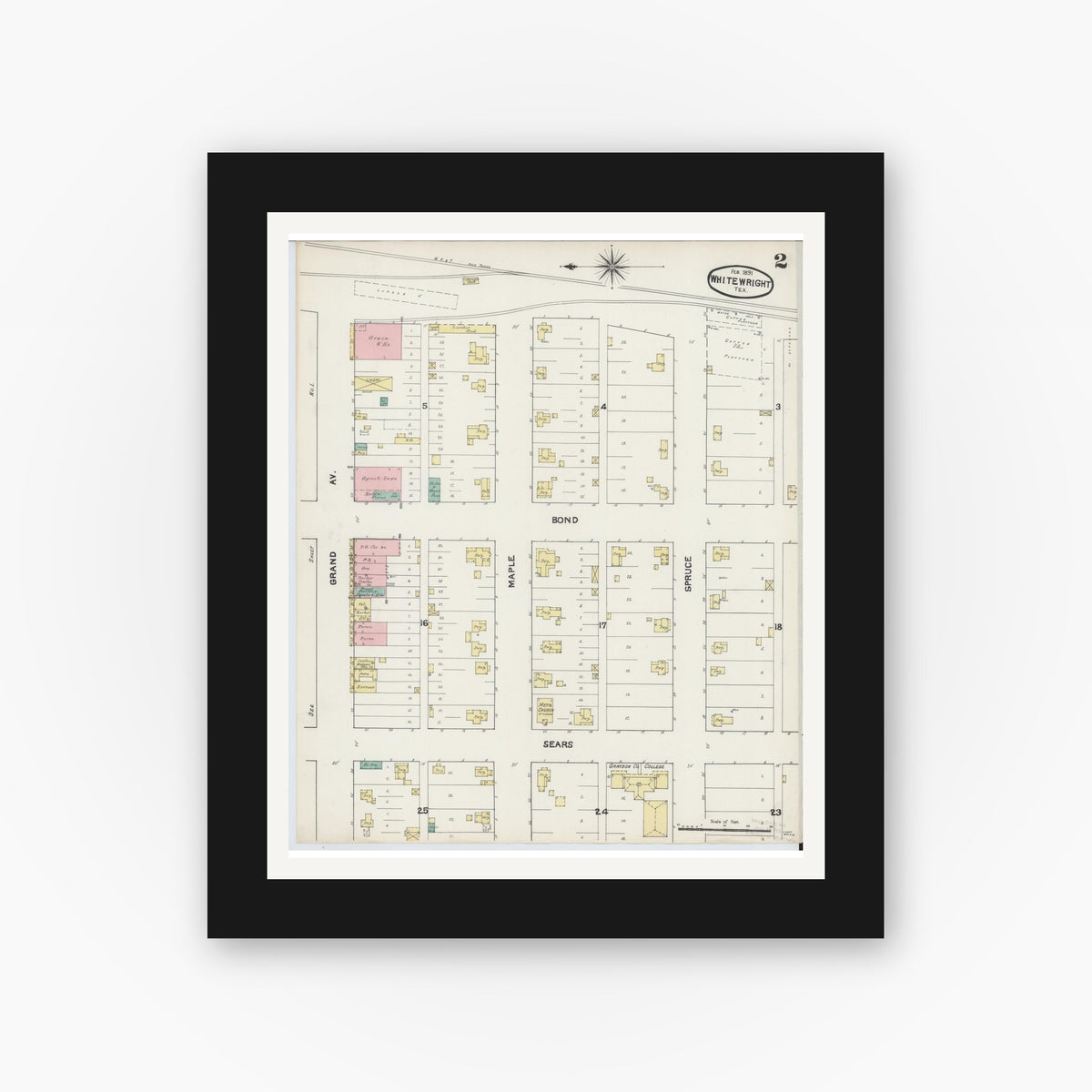 Old map wall art mockup — black gallery frame with white mat — Sanborn Fire Insurance Map from Whitewright, Grayson County, Texas (1891), Sheet #0002