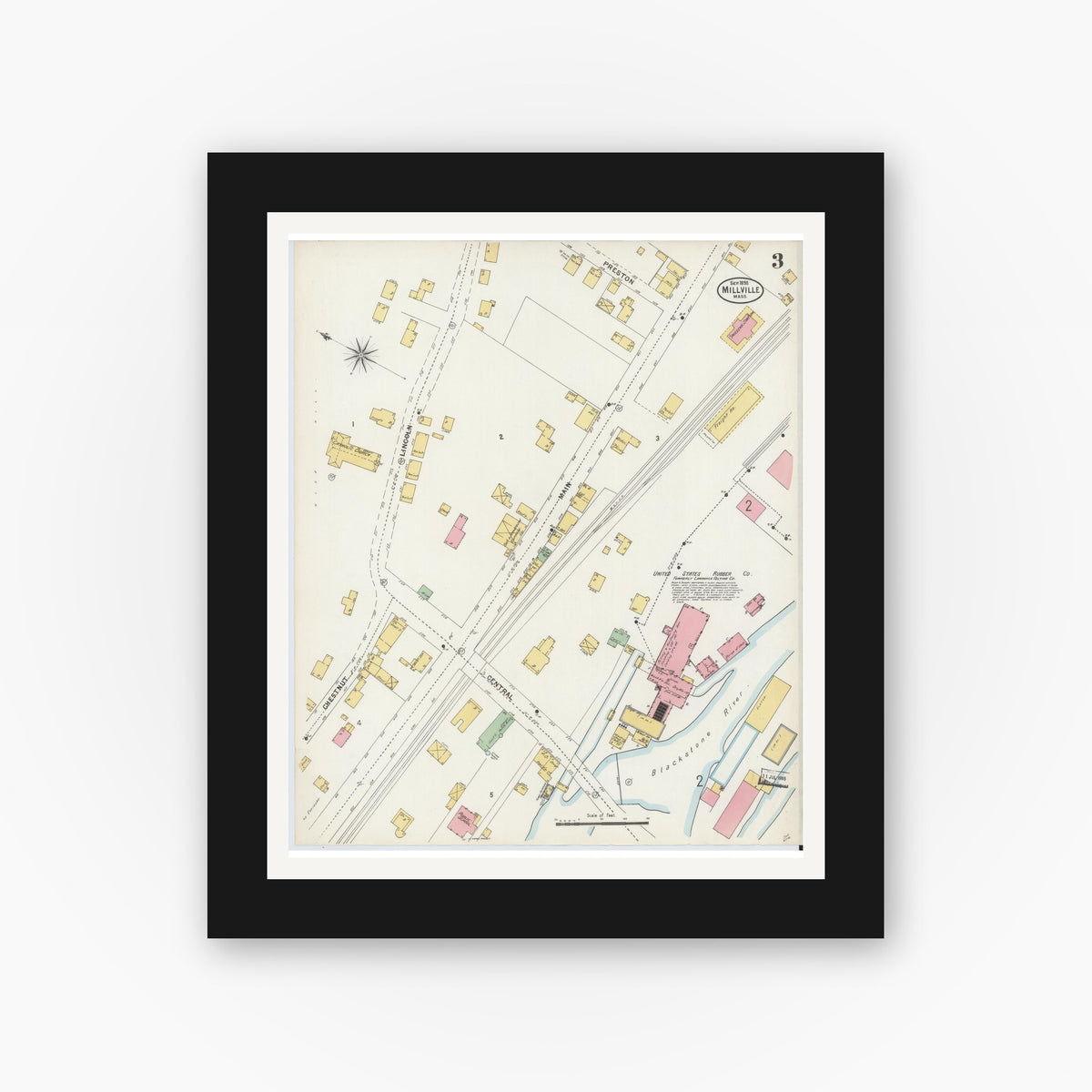 Old map wall art mockup — black gallery frame with white mat — Sanborn Fire Insurance Map from Millville, Worcester County, Massachusetts (1898), Sheet #0003