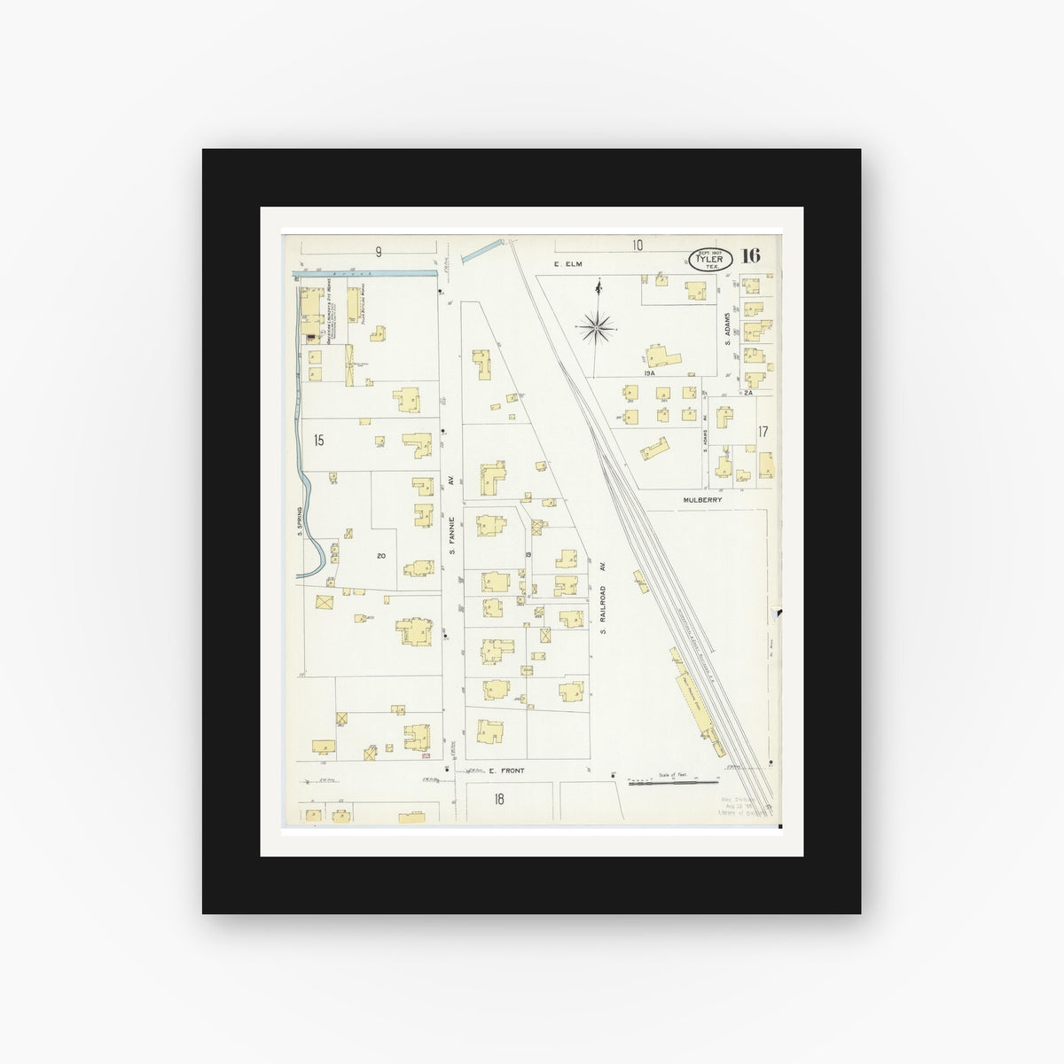 Old map wall art mockup — black gallery frame with white mat — Sanborn Fire Insurance Map from Tyler, Smith County, Texas (1907), Sheet #0016