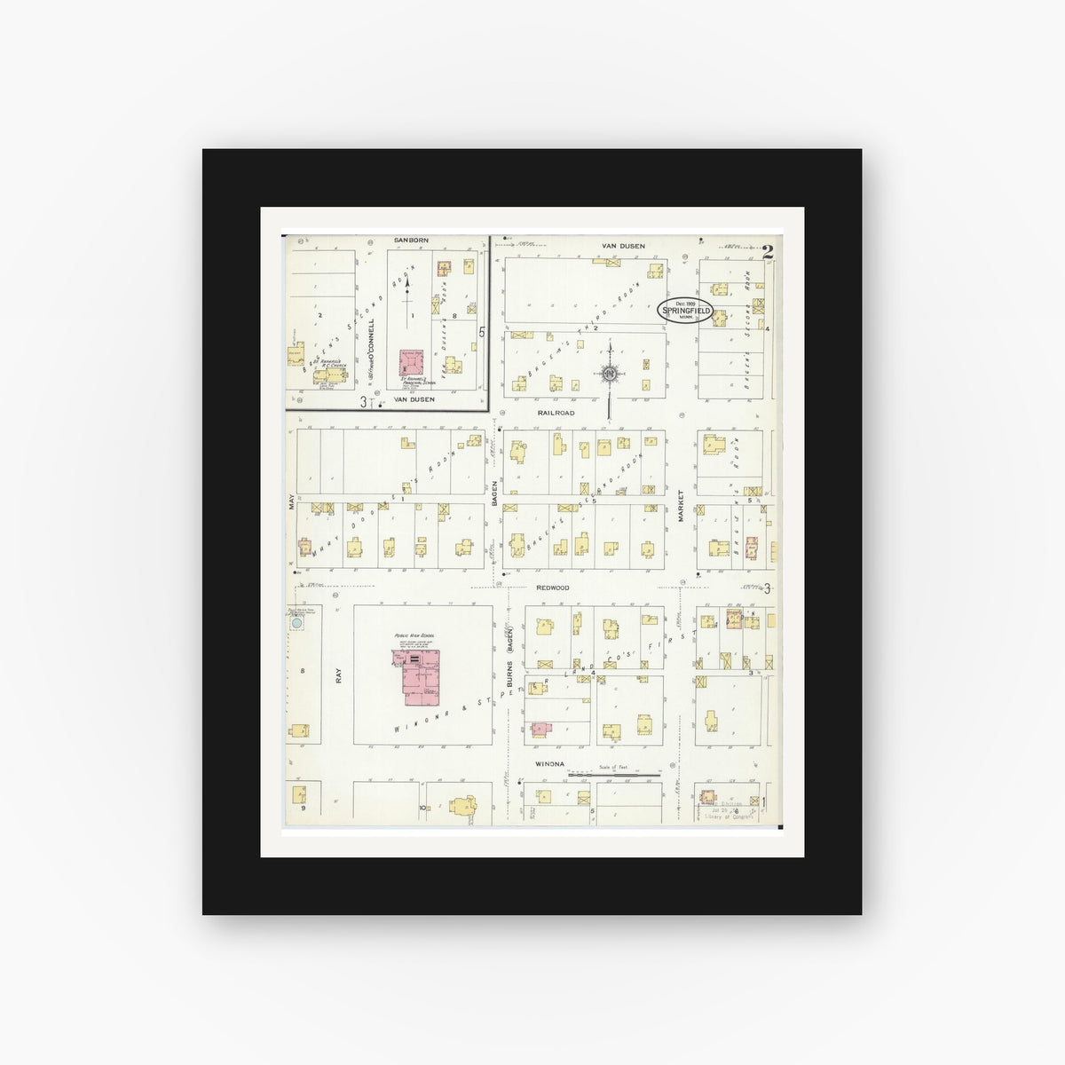 Old map wall art mockup — black gallery frame with white mat — Sanborn Fire Insurance Map from Springfield, Brown County, Minnesota (1909), Sheet #0002