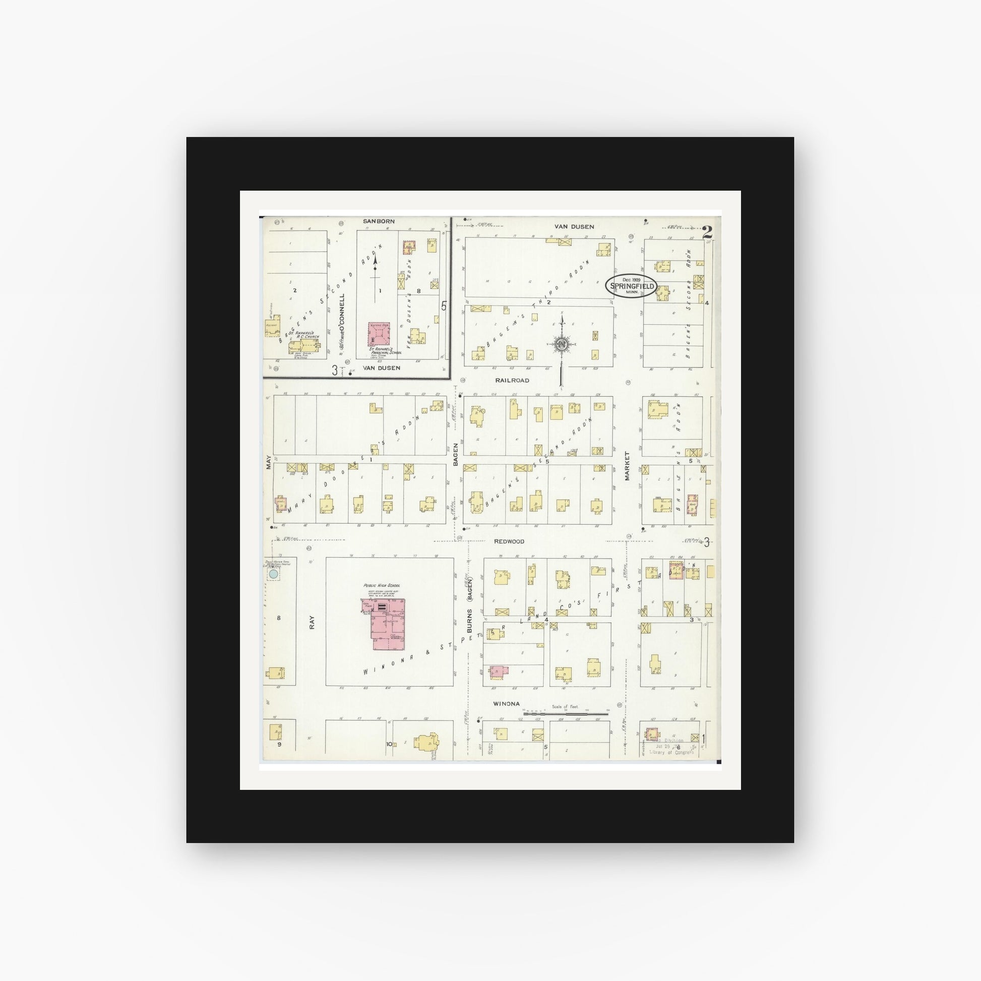 Old map wall art mockup — black gallery frame with white mat — Sanborn Fire Insurance Map from Springfield, Brown County, Minnesota (1909), Sheet #0002
