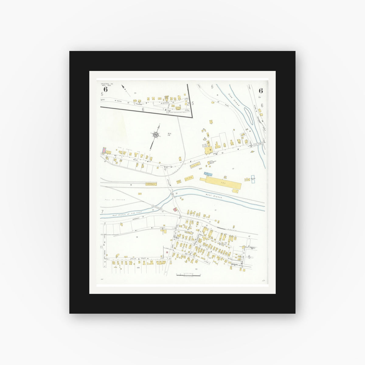 Old map wall art mockup — black gallery frame with white mat — Sanborn Fire Insurance Map from Galeton, Potter County, Pennsylvania (1933), Sheet #0006