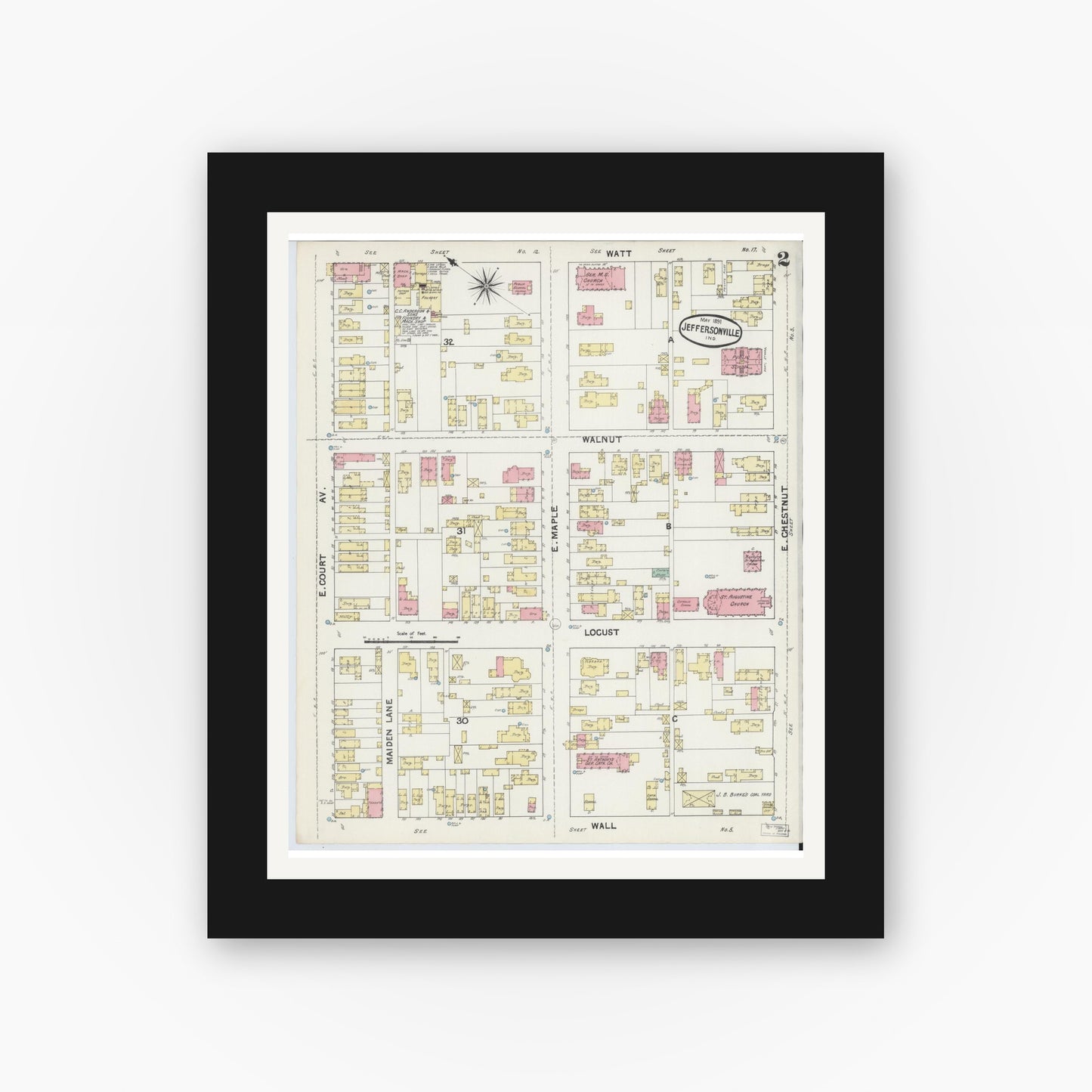 Old map wall art mockup — black gallery frame with white mat — Sanborn Fire Insurance Map from Jeffersonville, Clark County, Indiana (1891), Sheet #0002