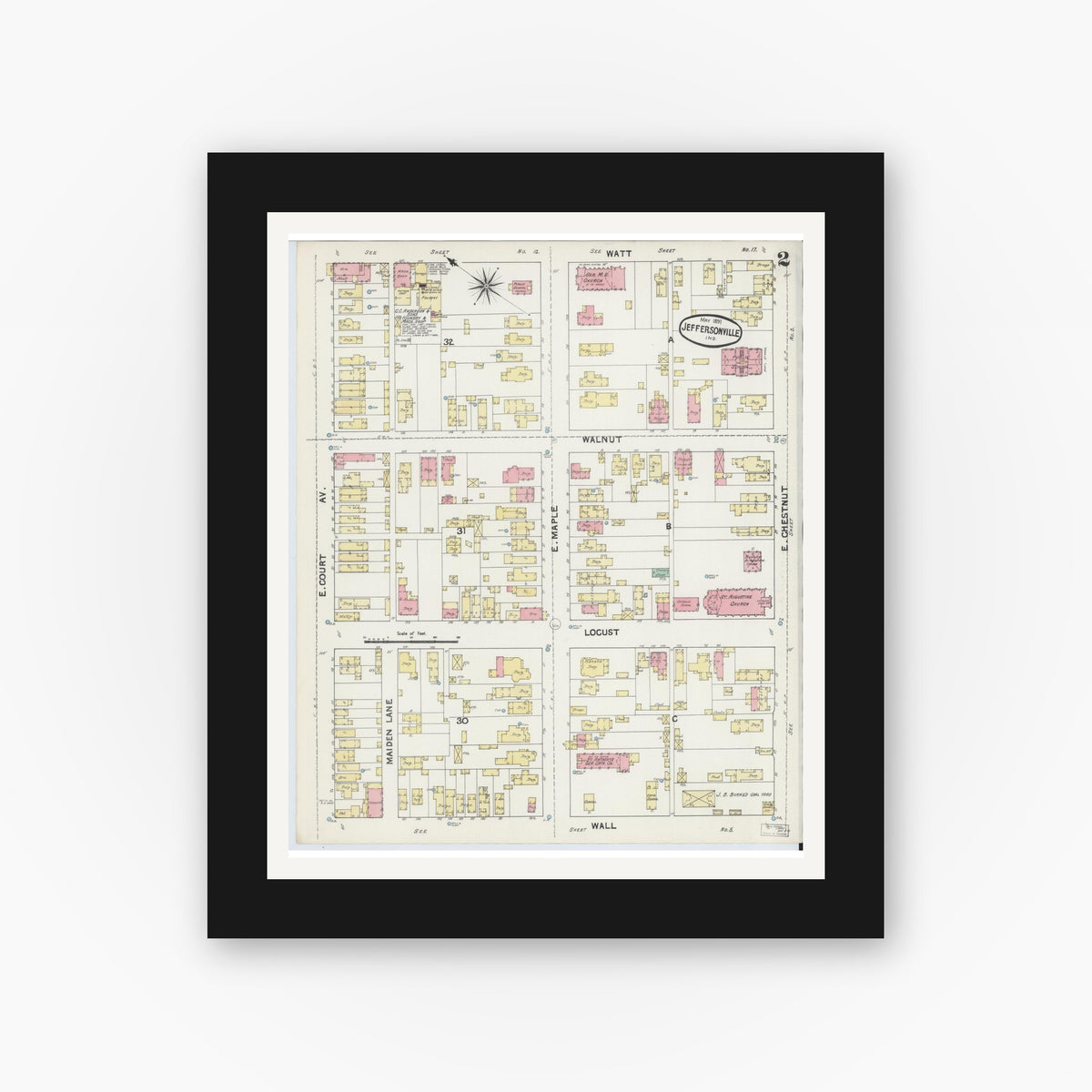 Old map wall art mockup — black gallery frame with white mat — Sanborn Fire Insurance Map from Jeffersonville, Clark County, Indiana (1891), Sheet #0002