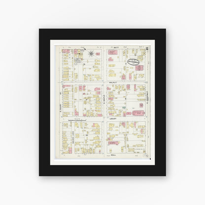 Old map wall art mockup — black gallery frame with white mat — Sanborn Fire Insurance Map from Jeffersonville, Clark County, Indiana (1891), Sheet #0002