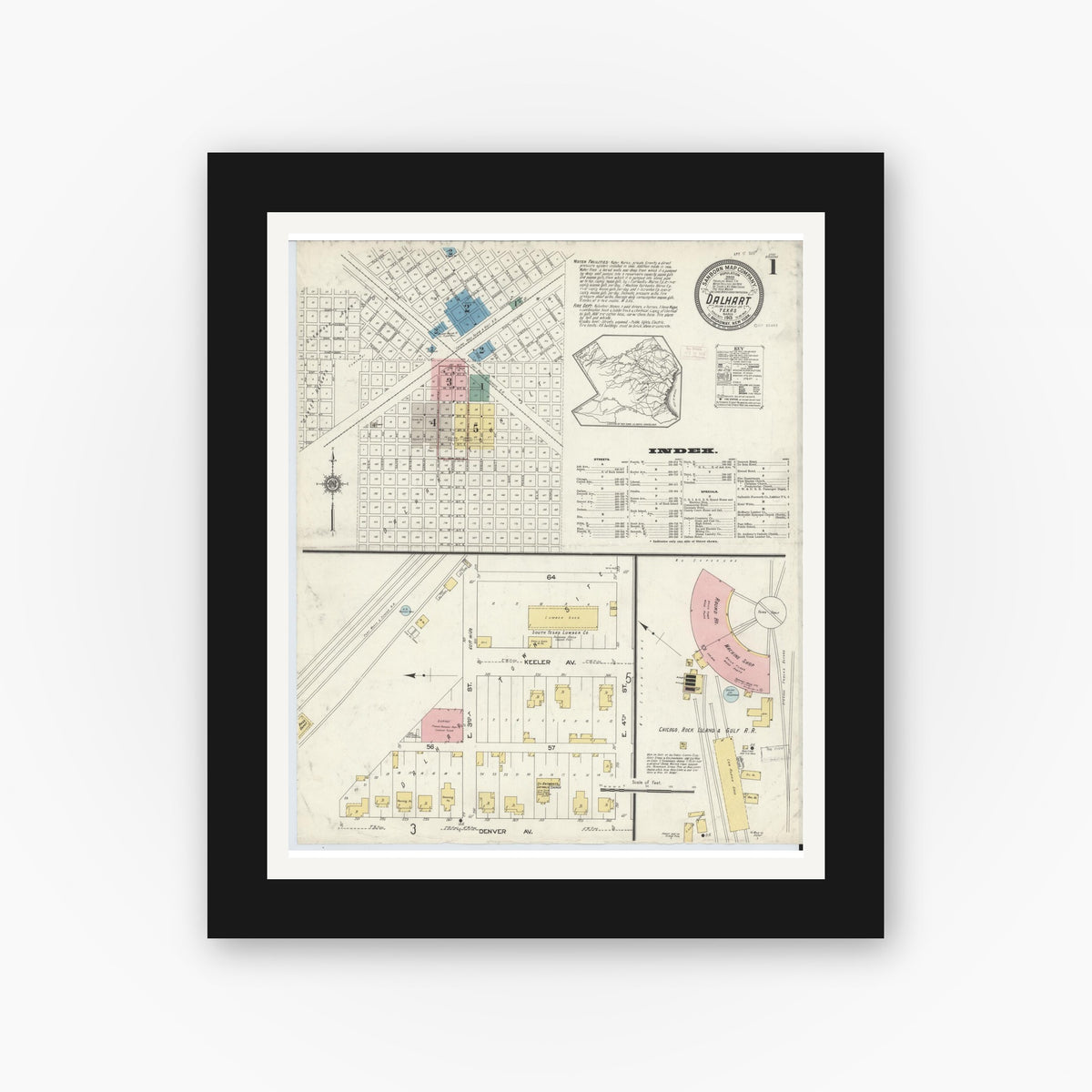 Old map wall art mockup — black gallery frame with white mat — Sanborn Fire Insurance Map from Dalhart, Dallam And Hartley County, Texas (1913) - Complete Map Set