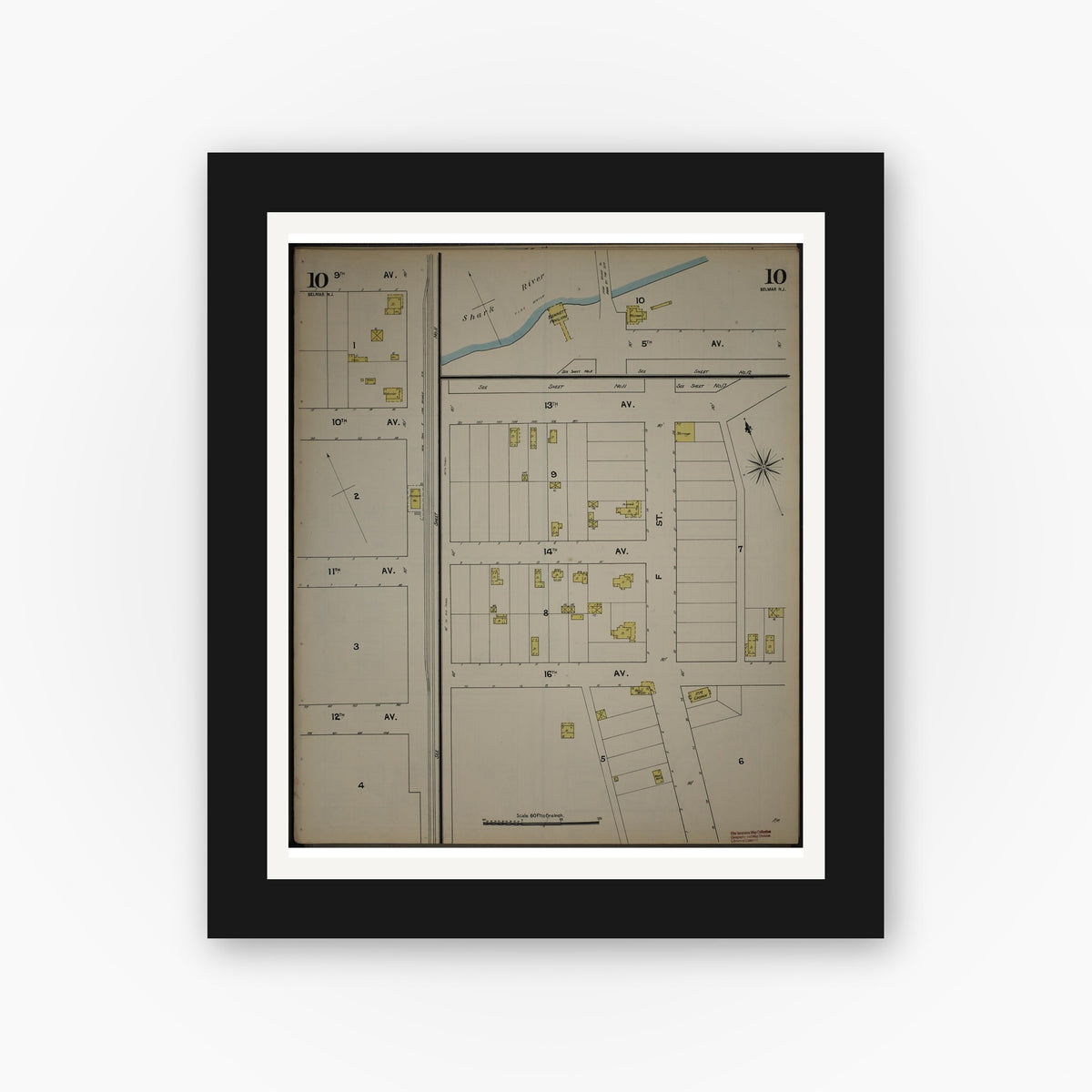 Old map wall art mockup — black gallery frame with white mat — Sanborn Fire Insurance Map from New Jersey Coast, New Jersey Coast, New Jersey (1890), Sheet #0010
