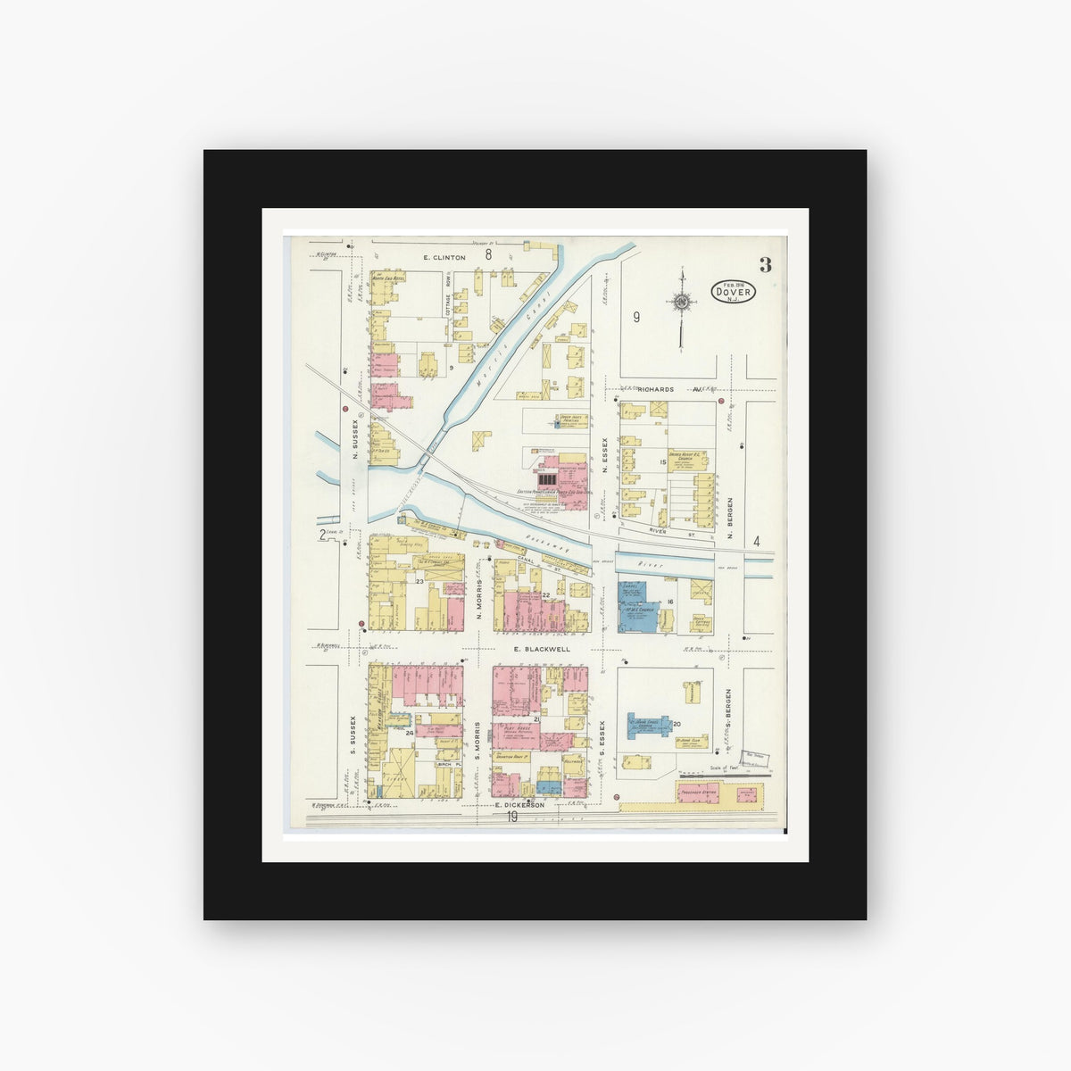 Old map wall art mockup — black gallery frame with white mat — Sanborn Fire Insurance Map from Dover, Morris County, New Jersey (1916), Sheet #0003