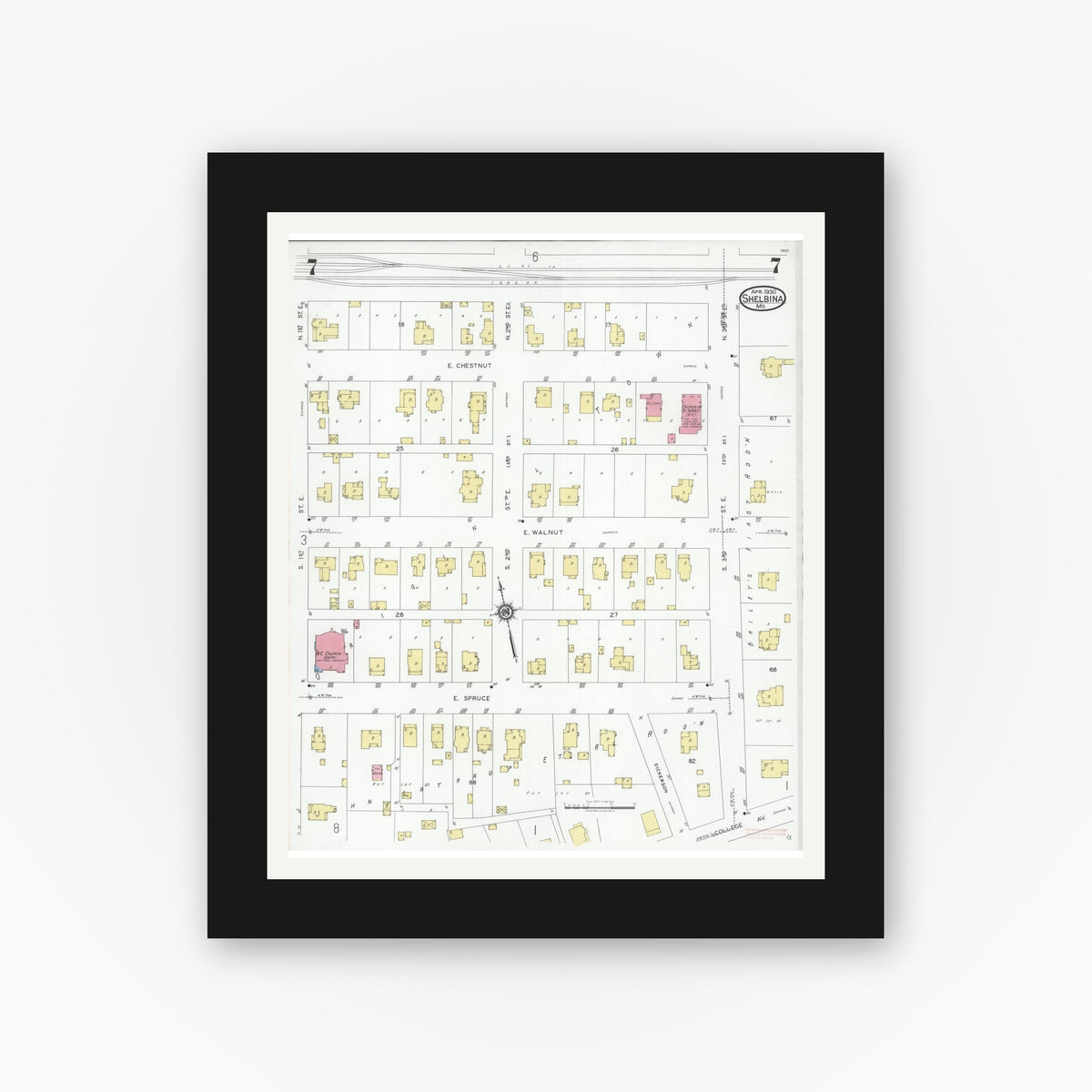 Old map wall art mockup — black gallery frame with white mat — Sanborn Fire Insurance Map from Shelbina, Shelby County, Missouri (1930), Sheet #0007