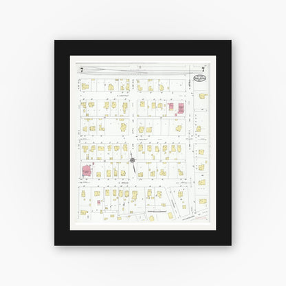 Old map wall art mockup — black gallery frame with white mat — Sanborn Fire Insurance Map from Shelbina, Shelby County, Missouri (1930), Sheet #0007