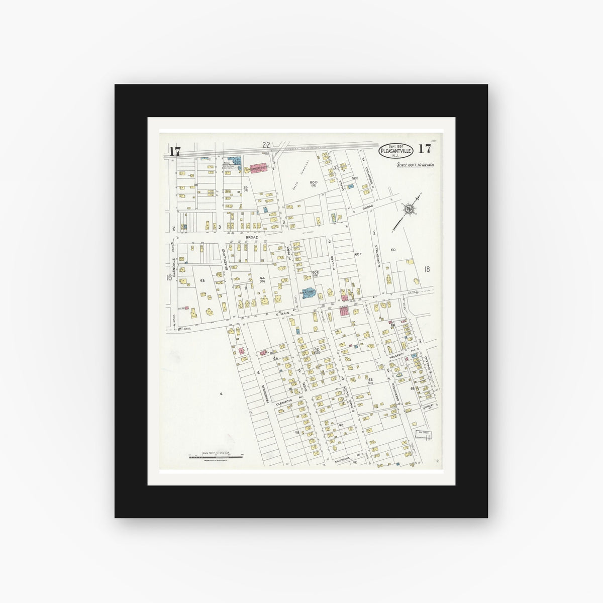 Old map wall art mockup — black gallery frame with white mat — Sanborn Fire Insurance Map from Pleasantville, Atlantic County, New Jersey (1924), Sheet #0017