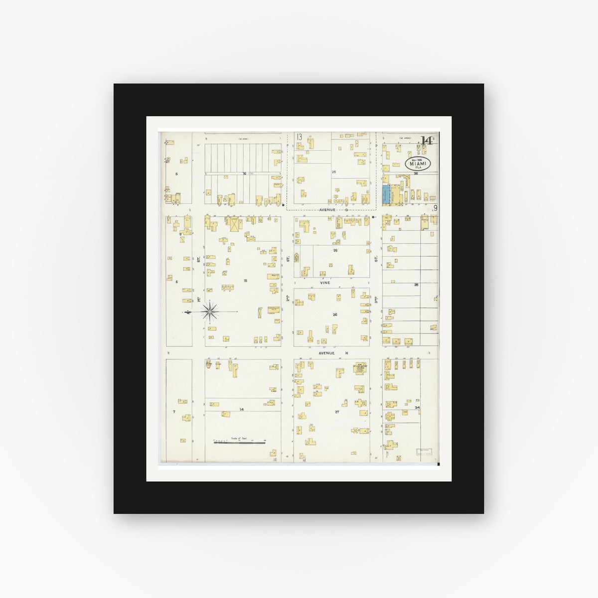 Old map wall art mockup — black gallery frame with white mat — Sanborn Fire Insurance Map from Miami, Dade County, Florida (1906), Sheet #0014