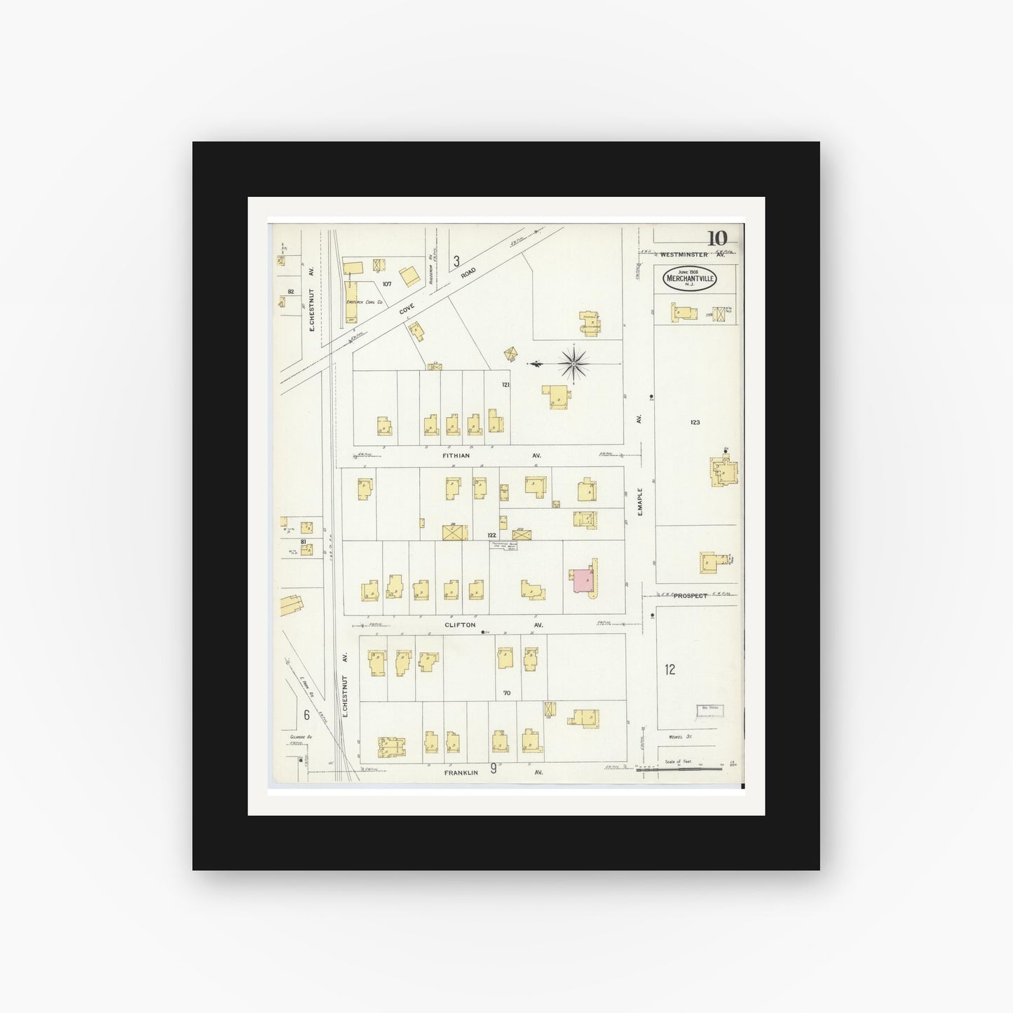 Old map wall art mockup — black gallery frame with white mat — Sanborn Fire Insurance Map from Merchantville, Camden County, New Jersey (1908), Sheet #0010