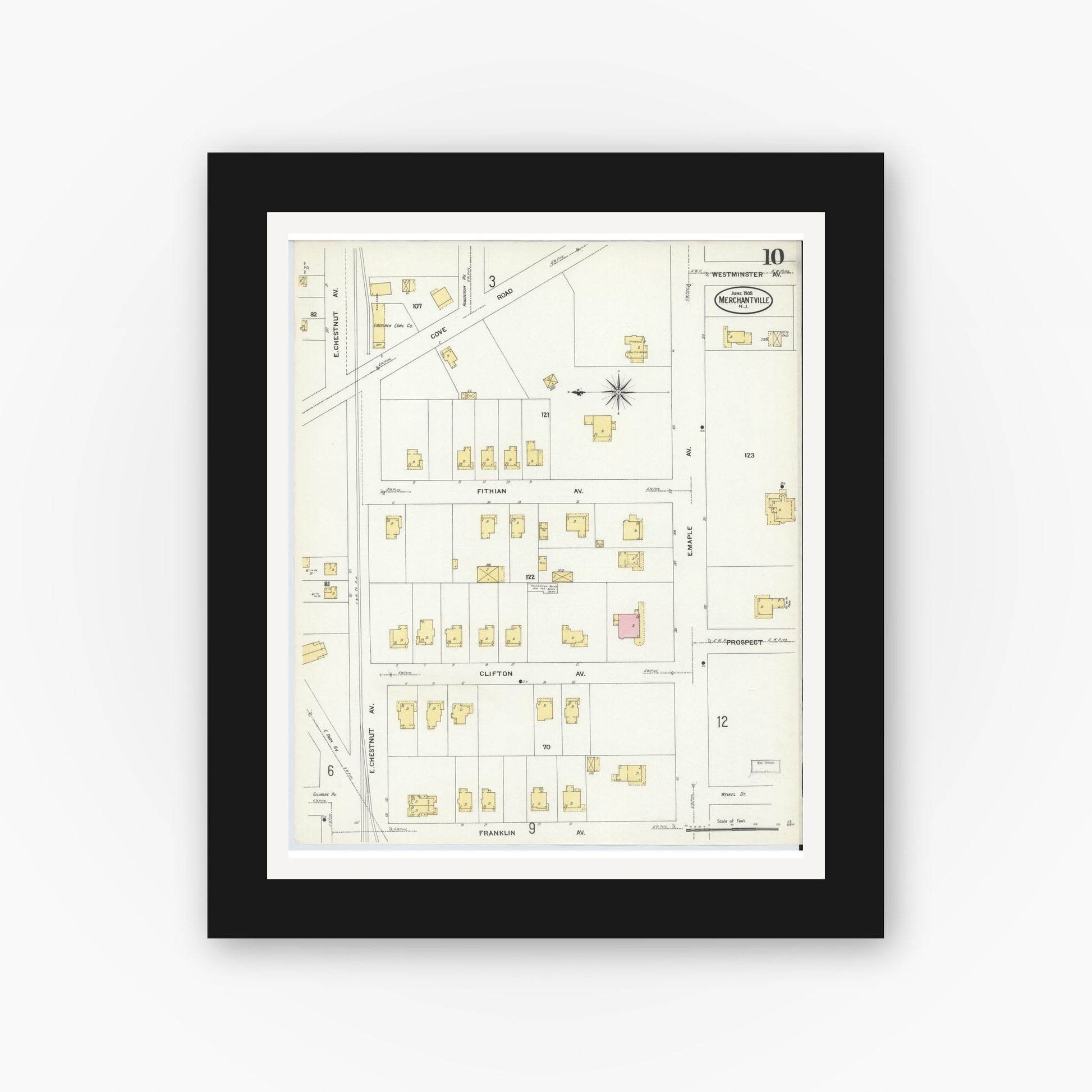 Old map wall art mockup — black gallery frame with white mat — Sanborn Fire Insurance Map from Merchantville, Camden County, New Jersey (1908), Sheet #0010
