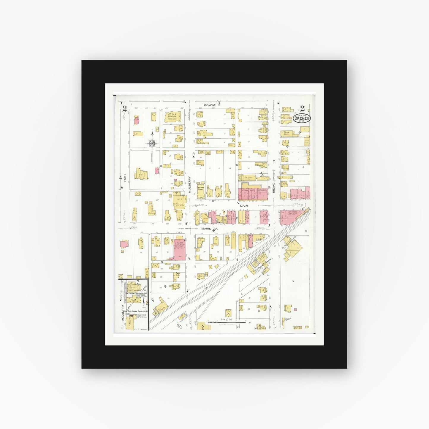 Old map wall art mockup — black gallery frame with white mat — Sanborn Fire Insurance Map from Bremen, Fairfield County, Ohio (1926), Sheet #0002