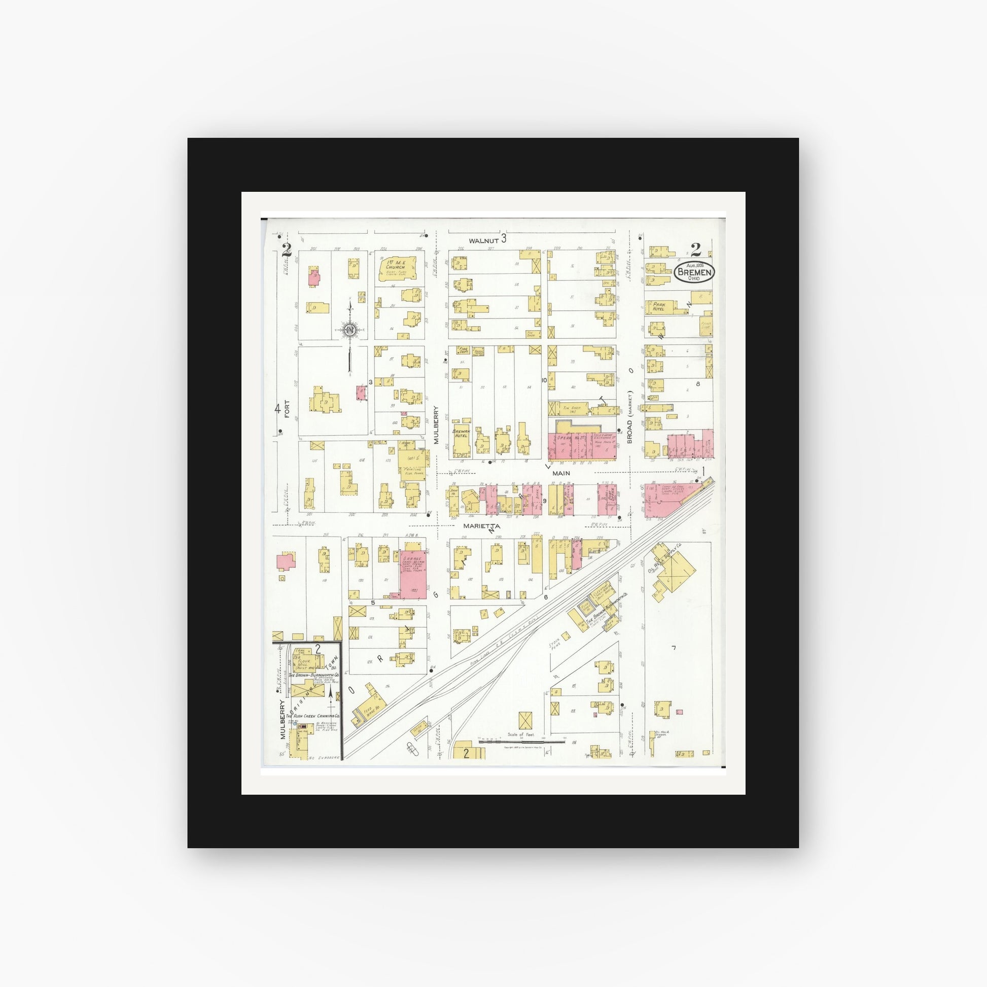 Old map wall art mockup — black gallery frame with white mat — Sanborn Fire Insurance Map from Bremen, Fairfield County, Ohio (1926), Sheet #0002