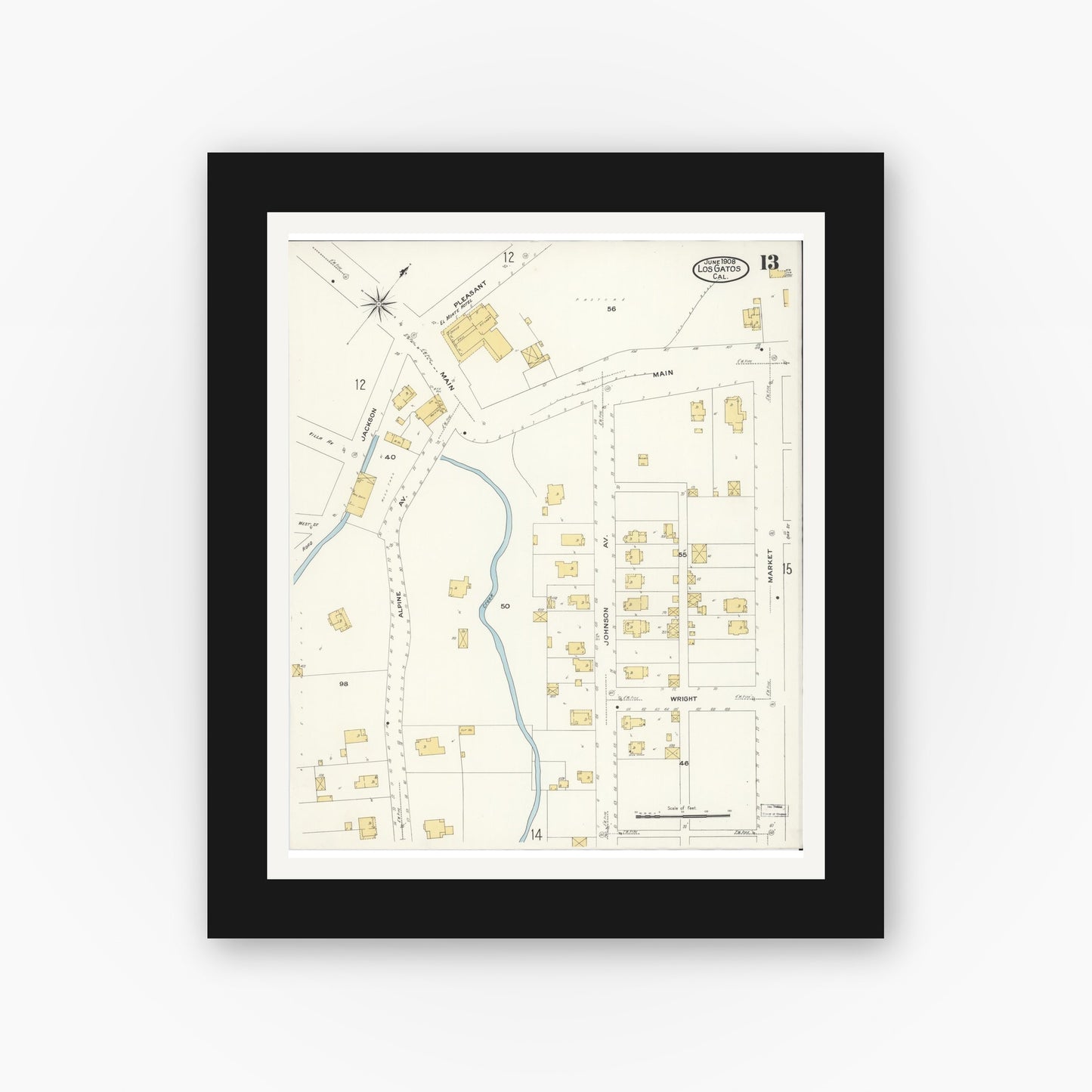 Old map wall art mockup — black gallery frame with white mat — Sanborn Fire Insurance Map from Los Gatos, Santa Clara County, California (1908), Sheet #0013