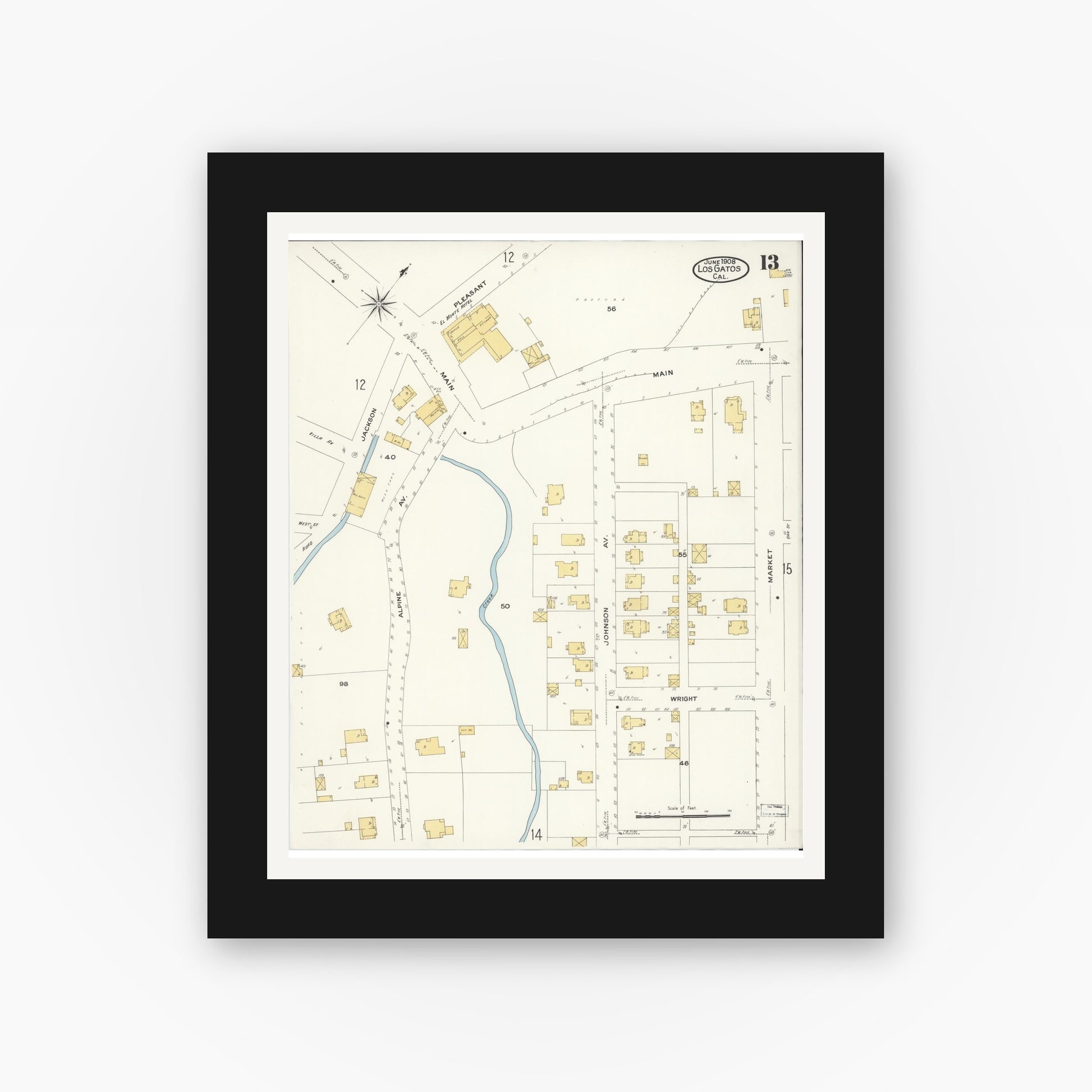 Old map wall art mockup — black gallery frame with white mat — Sanborn Fire Insurance Map from Los Gatos, Santa Clara County, California (1908), Sheet #0013