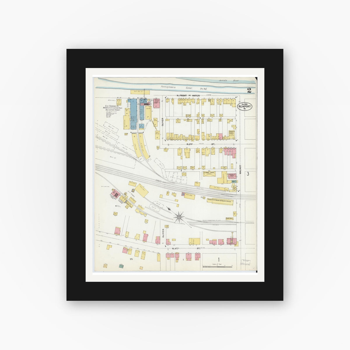Old map wall art mockup — black gallery frame with white mat — Sanborn Fire Insurance Map from Newport, Perry County, Pennsylvania (1902), Sheet #0002
