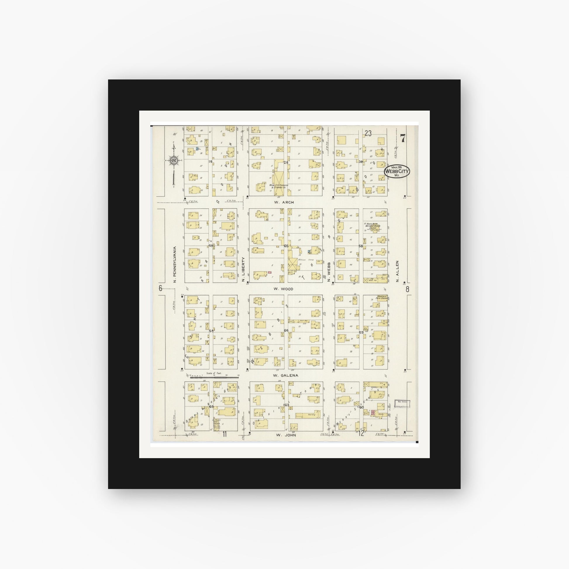 Old map wall art mockup — black gallery frame with white mat — Sanborn Fire Insurance Map from Webb City, Jasper County, Missouri (1915), Sheet #0007