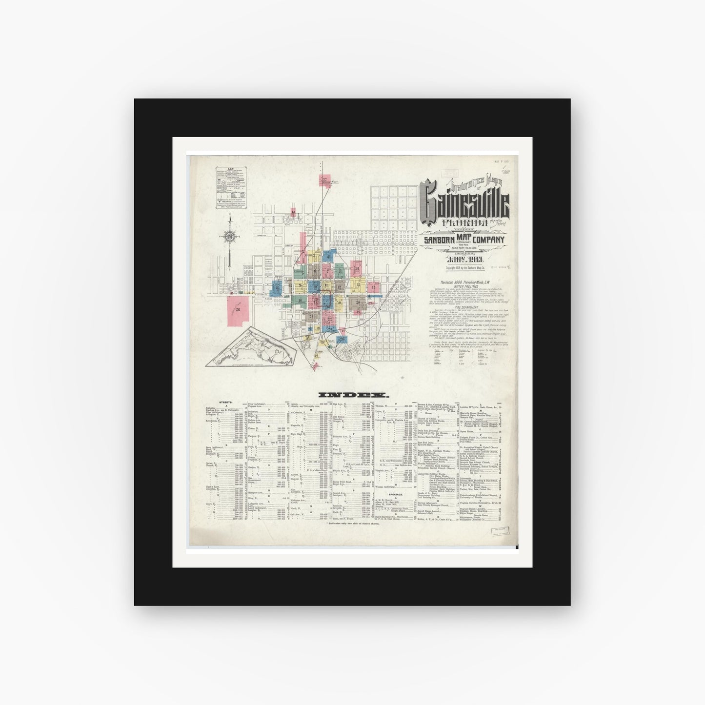Old map wall art mockup — black gallery frame with white mat — Sanborn Fire Insurance Map from Gainesville, Alachua County, Florida (1913) - Complete Map Set