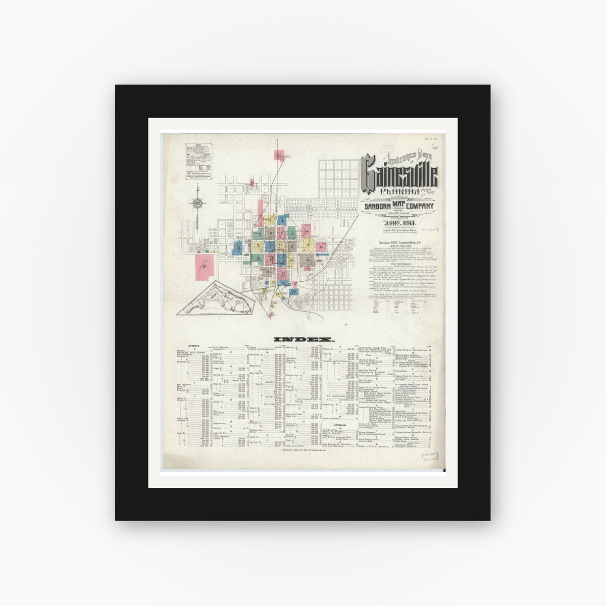 Old map wall art mockup — black gallery frame with white mat — Sanborn Fire Insurance Map from Gainesville, Alachua County, Florida (1913) - Complete Map Set