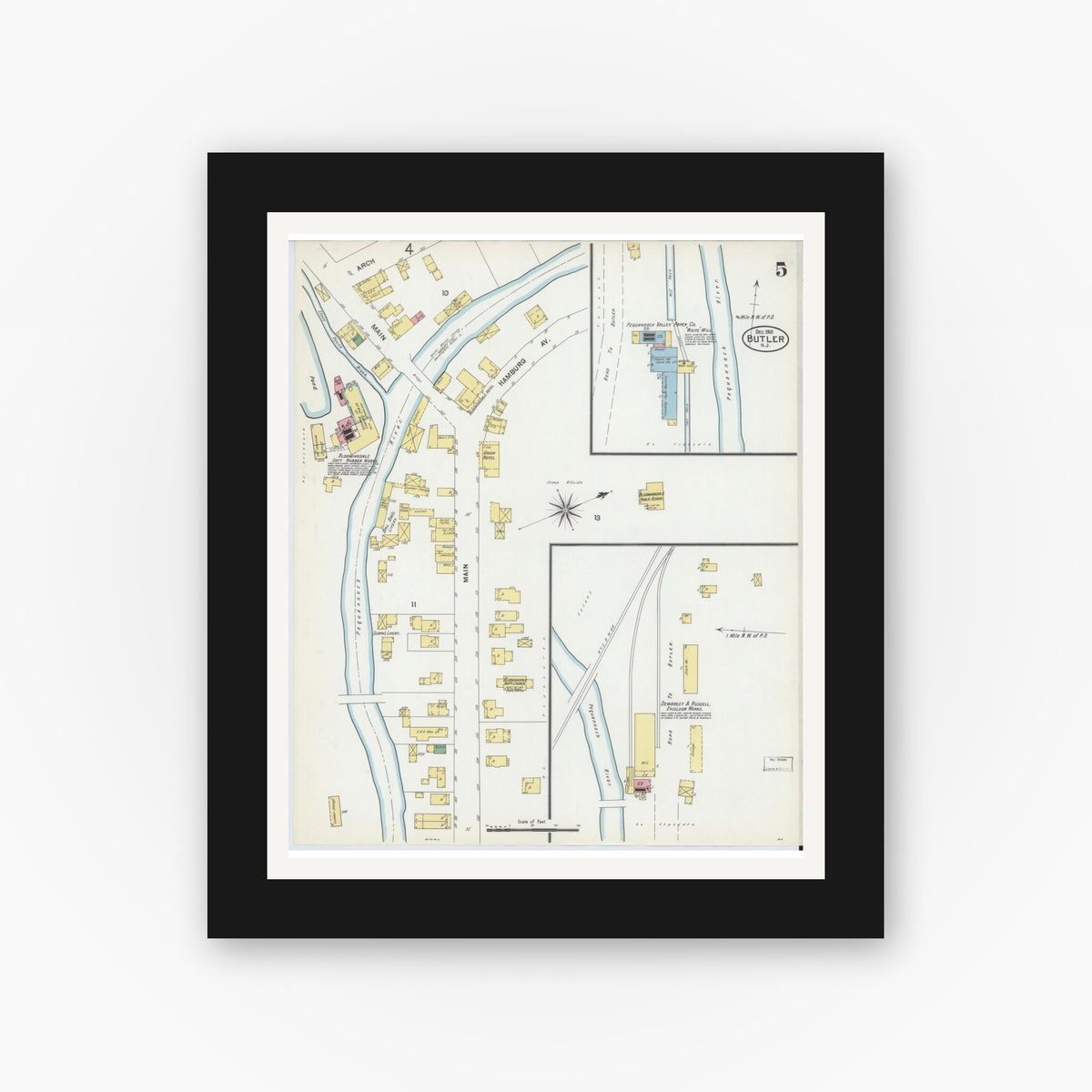 Old map wall art mockup — black gallery frame with white mat — Sanborn Fire Insurance Map from Butler, Morris County, New Jersey (1901), Sheet #0005