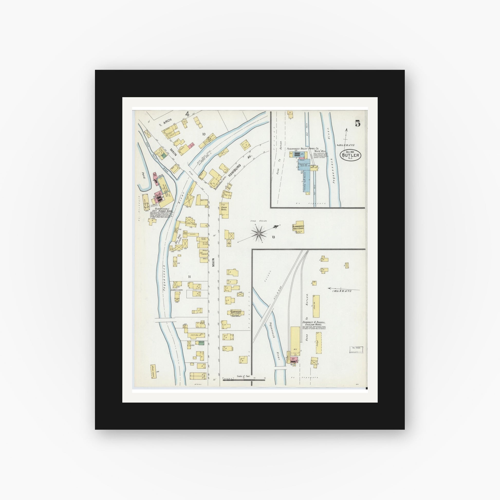 Old map wall art mockup — black gallery frame with white mat — Sanborn Fire Insurance Map from Butler, Morris County, New Jersey (1901), Sheet #0005