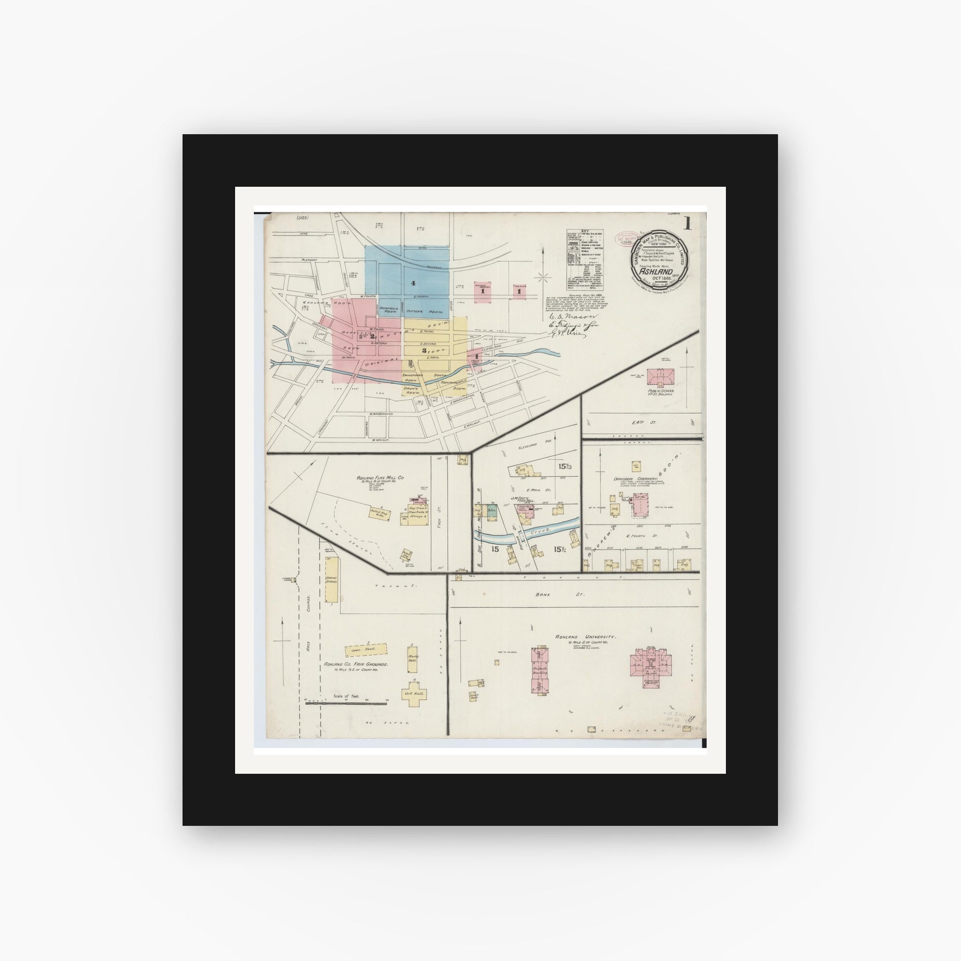 Old map wall art mockup — black gallery frame with white mat — Sanborn Fire Insurance Map from Ashland, Ashland County, Ohio (1888) - Complete Map Set