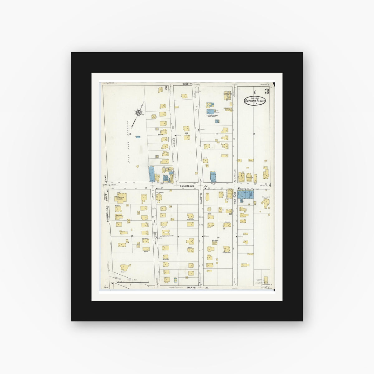 Old map wall art mockup — black gallery frame with white mat — Sanborn Fire Insurance Map from Daytona Beach, Volusia County, Florida (1916), Sheet #0003