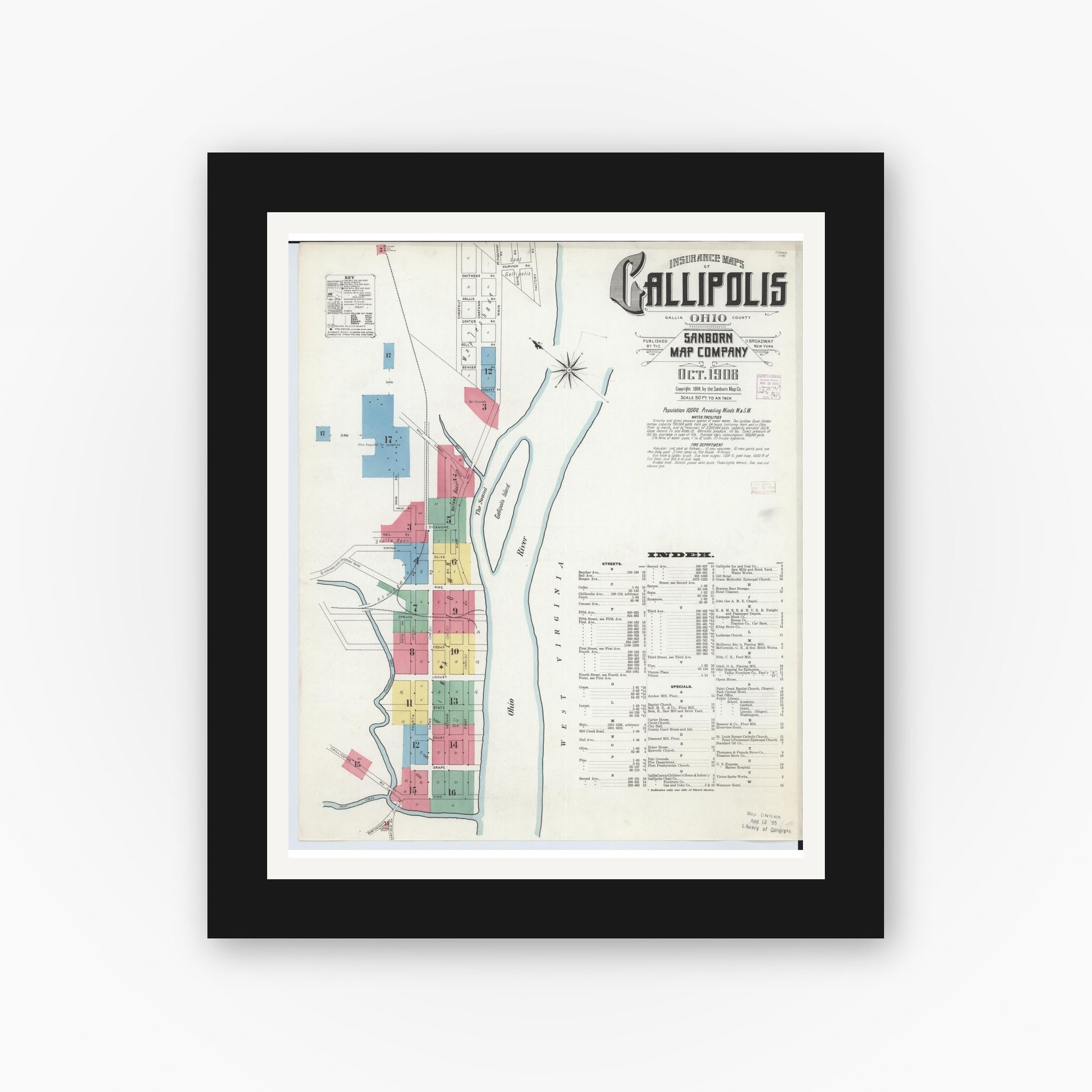 Old map wall art mockup — black gallery frame with white mat — Sanborn Fire Insurance Map from Gallipolis, Gallia County, Ohio (1908) - Complete Map Set