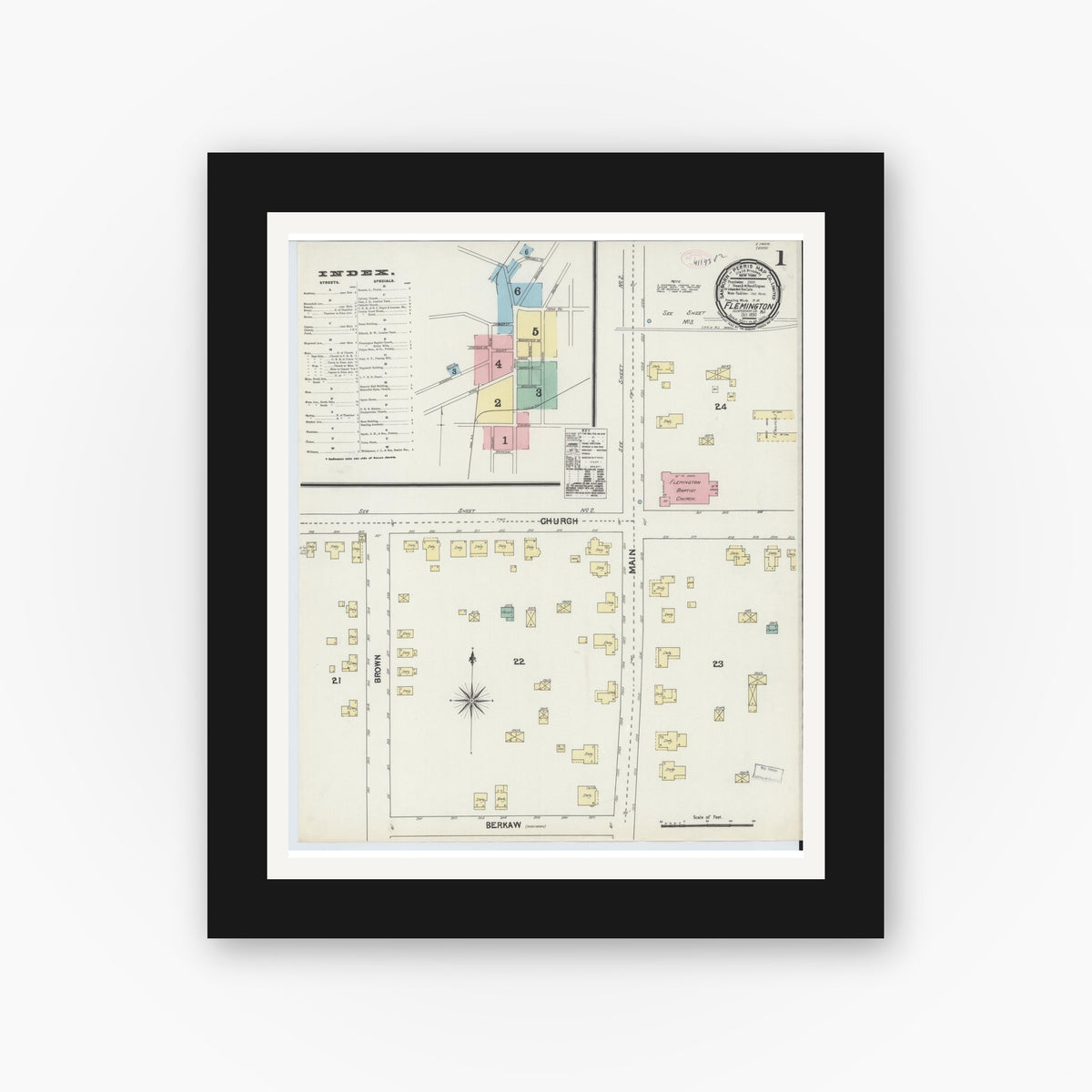 Old map wall art mockup — black gallery frame with white mat — Sanborn Fire Insurance Map from Flemington, Hunterdon County, New Jersey (1890) - Complete Map Set