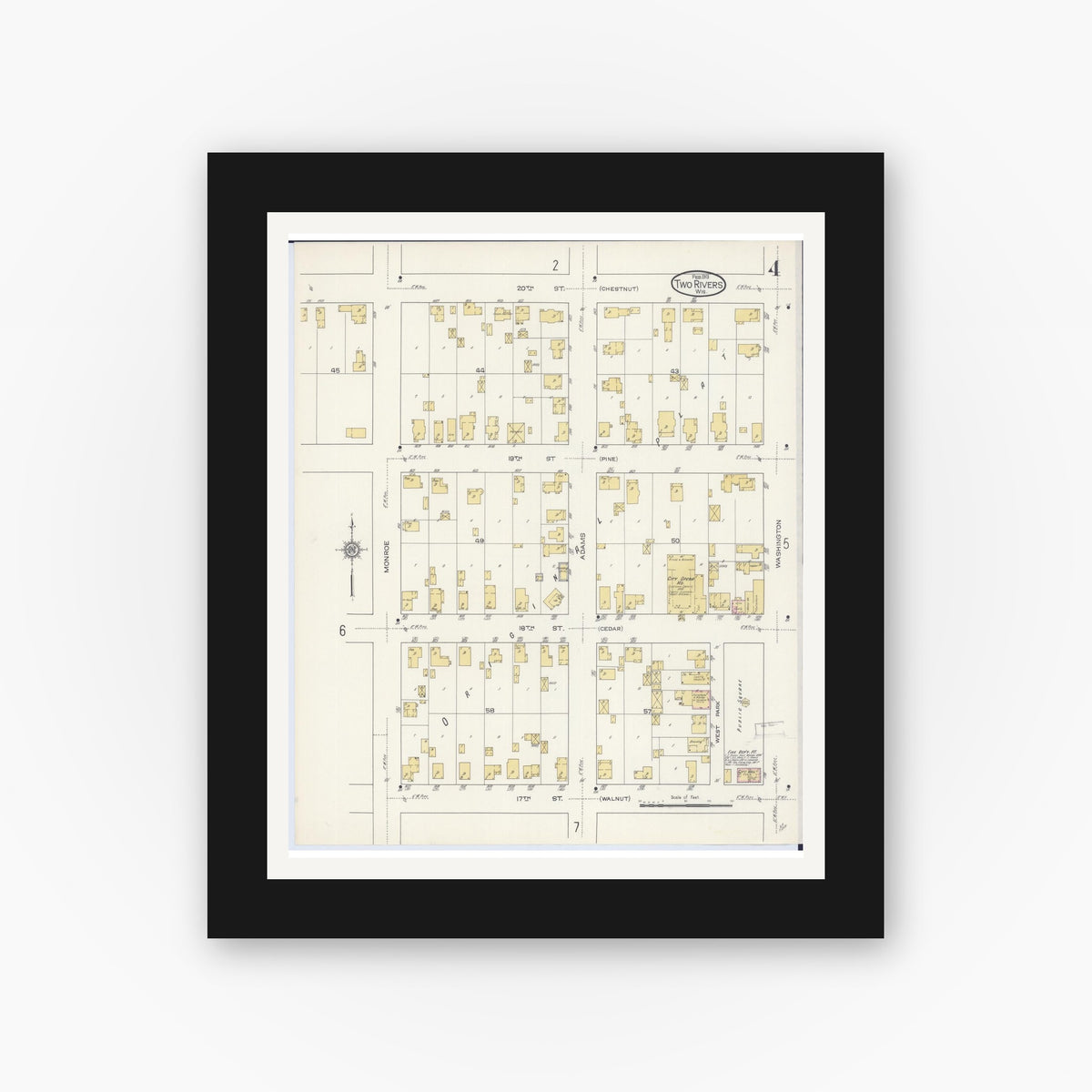 Old map wall art mockup — black gallery frame with white mat — Sanborn Fire Insurance Map from Two Rivers, Manitowoc County, Wisconsin (1913), Sheet #0004