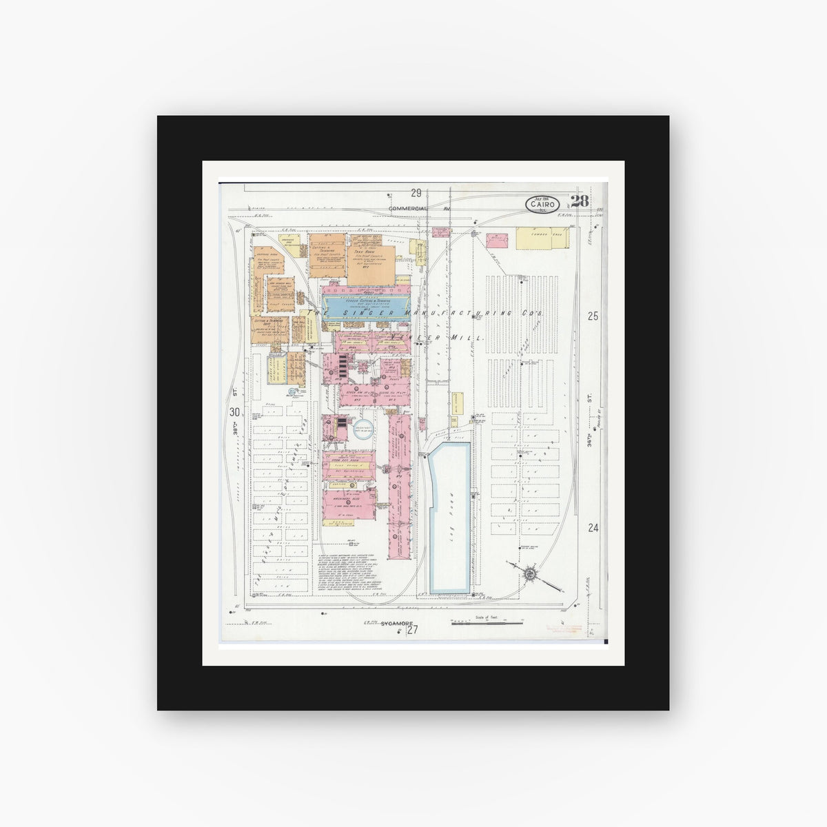 Old map wall art mockup — black gallery frame with white mat — Sanborn Fire Insurance Map from Cairo, Alexander County, Illinois (1914), Sheet #0028