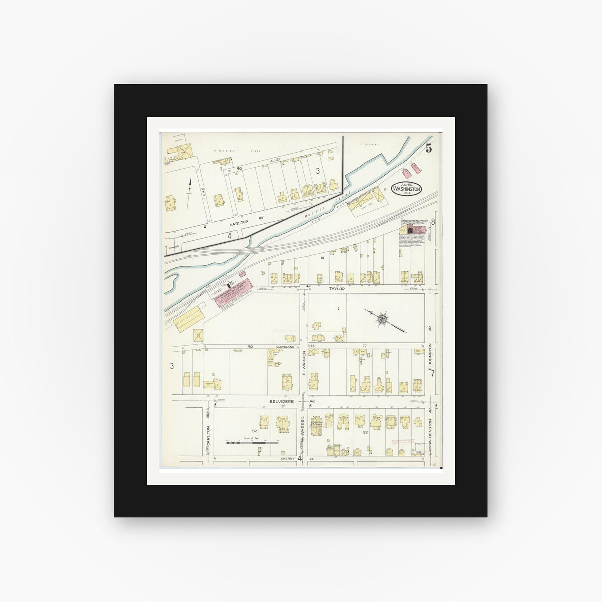 Old map wall art mockup — black gallery frame with white mat — Sanborn Fire Insurance Map from Washington, Warren County, New Jersey (1914), Sheet #0005