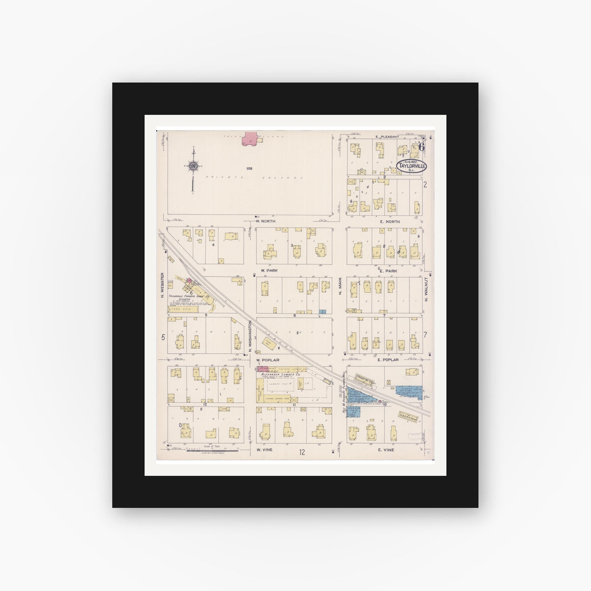 Old map wall art mockup — black gallery frame with white mat — Sanborn Fire Insurance Map from Taylorville, Christian County, Illinois (1922), Sheet #0006