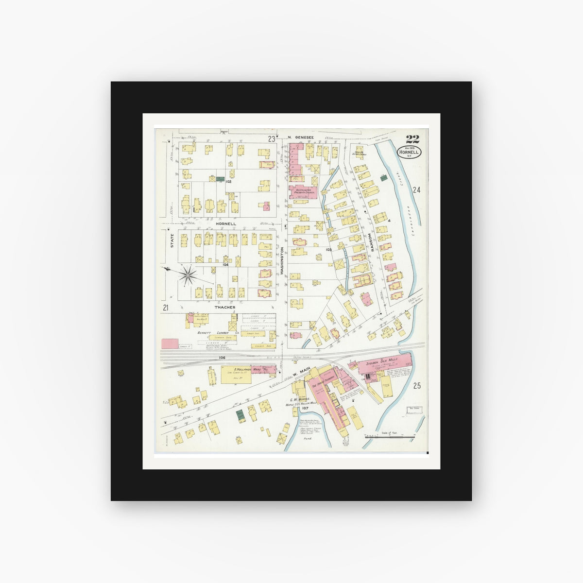 Old map wall art mockup — black gallery frame with white mat — Sanborn Fire Insurance Map from Hornell, Steuben County, New York (1909), Sheet #0022