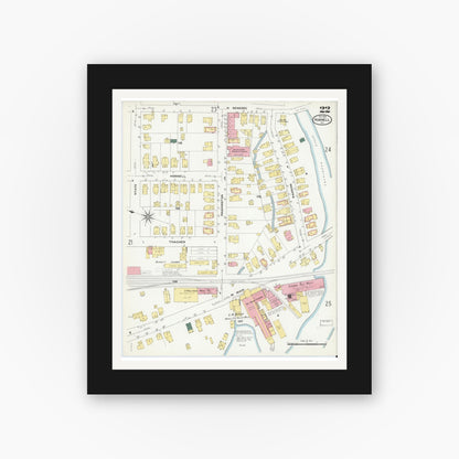 Old map wall art mockup — black gallery frame with white mat — Sanborn Fire Insurance Map from Hornell, Steuben County, New York (1909), Sheet #0022
