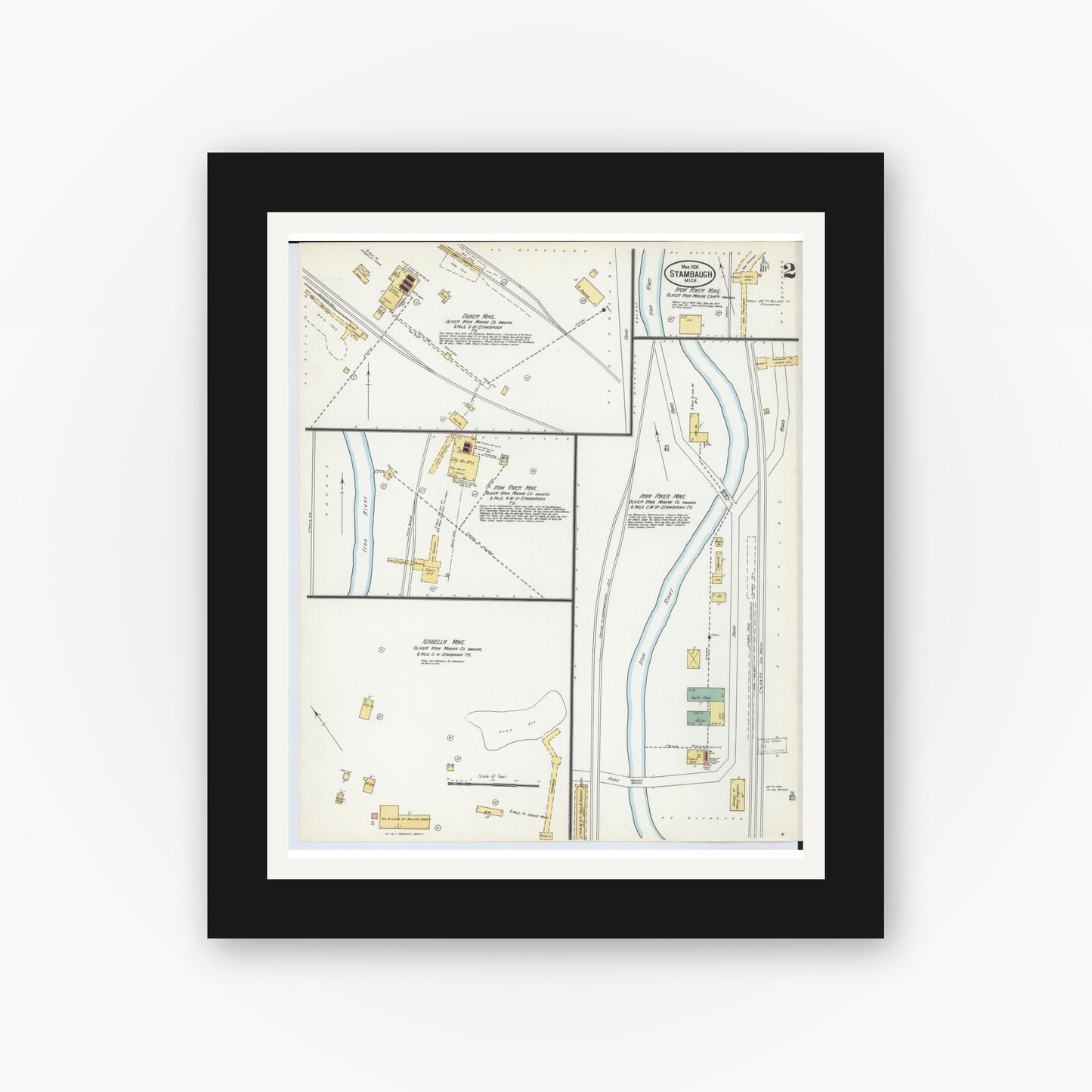 Old map wall art mockup — black gallery frame with white mat — Sanborn Fire Insurance Map from Stambaugh, Iron County, Michigan (1900), Sheet #0002