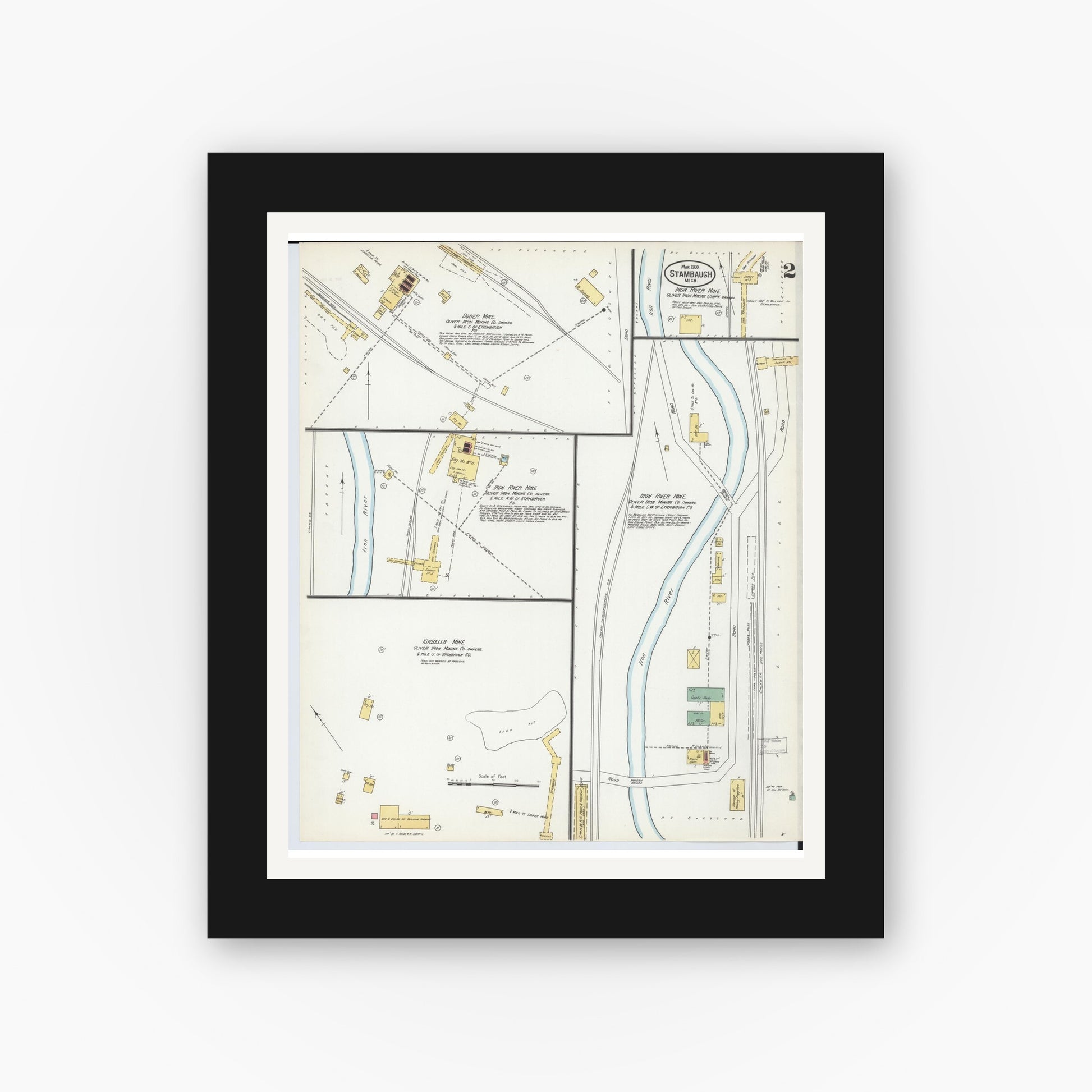 Old map wall art mockup — black gallery frame with white mat — Sanborn Fire Insurance Map from Stambaugh, Iron County, Michigan (1900), Sheet #0002