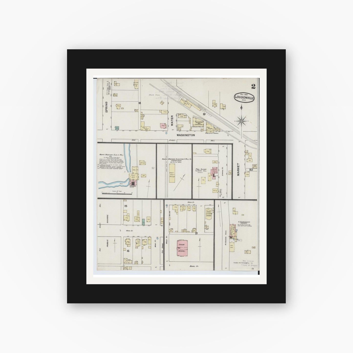 Old map wall art mockup — black gallery frame with white mat — Sanborn Fire Insurance Map from Loudonville, Ashland County, Ohio (1889), Sheet #0002