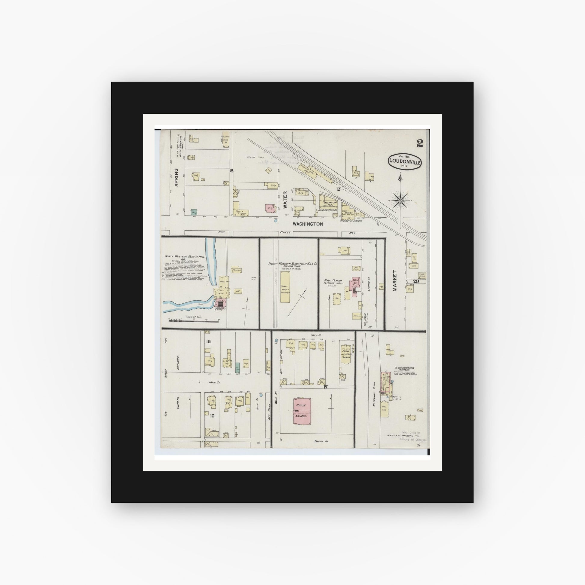 Old map wall art mockup — black gallery frame with white mat — Sanborn Fire Insurance Map from Loudonville, Ashland County, Ohio (1889), Sheet #0002