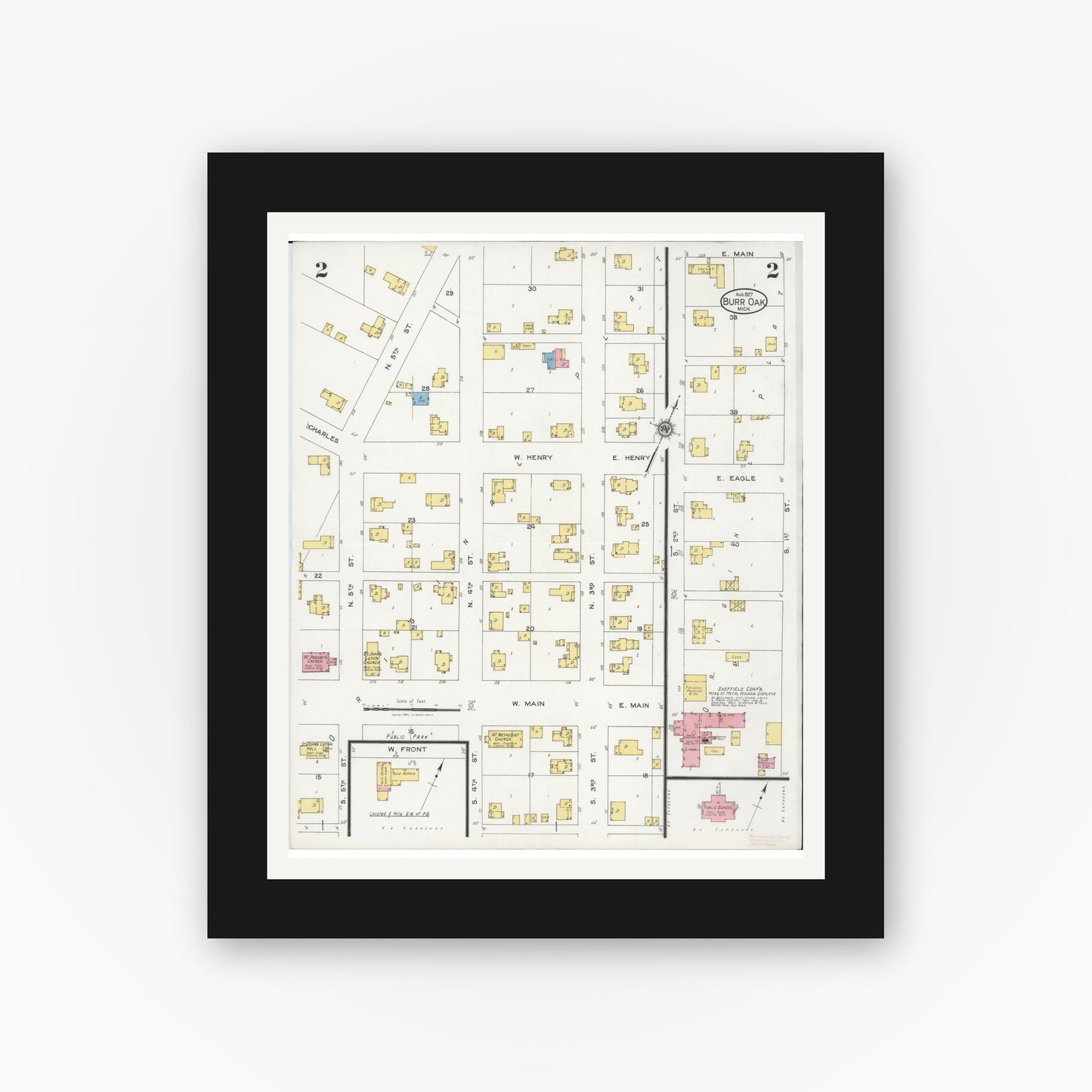 Old map wall art mockup — black gallery frame with white mat — Sanborn Fire Insurance Map from Burr Oak, Saint Joseph County, Michigan (1927), Sheet #0002