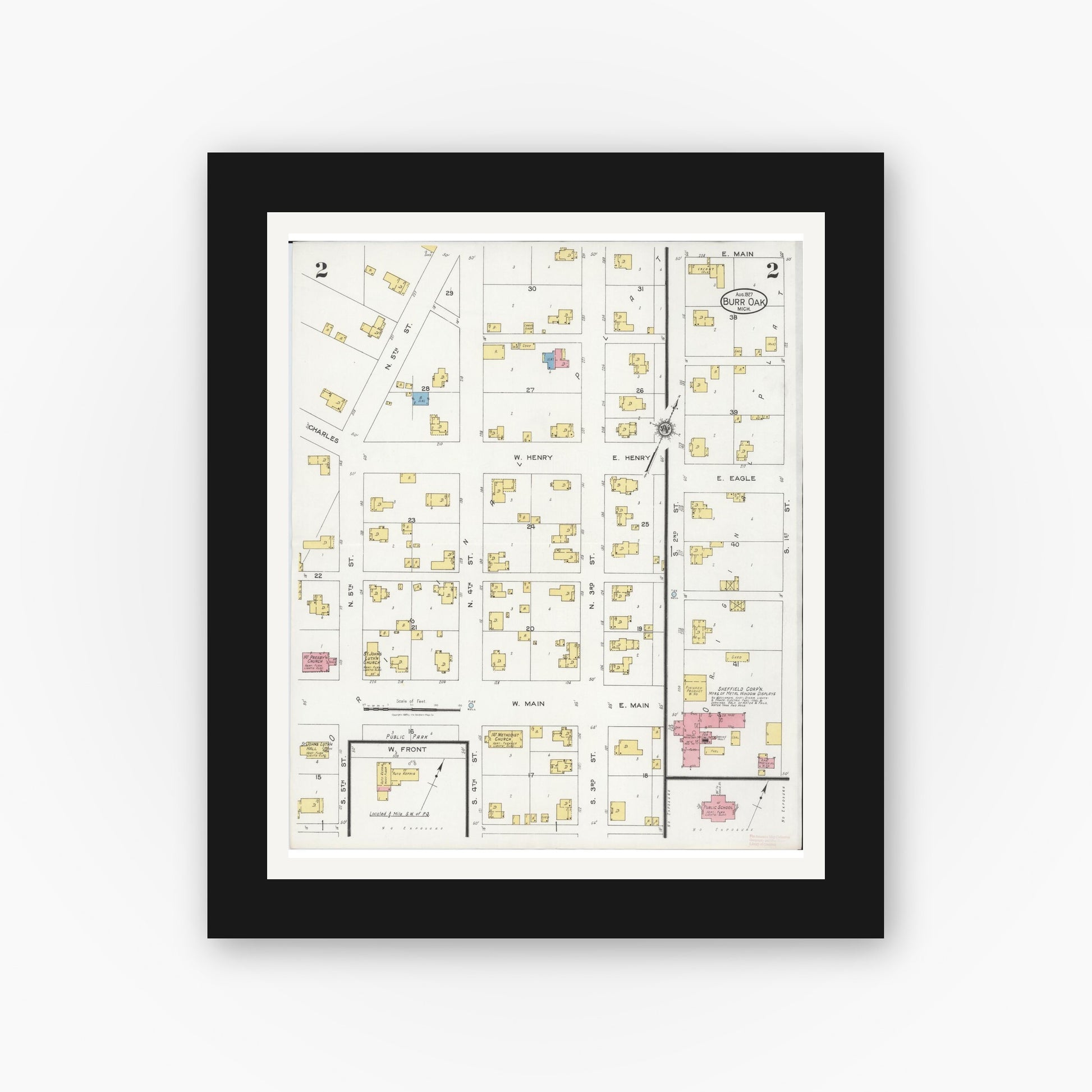Old map wall art mockup — black gallery frame with white mat — Sanborn Fire Insurance Map from Burr Oak, Saint Joseph County, Michigan (1927), Sheet #0002