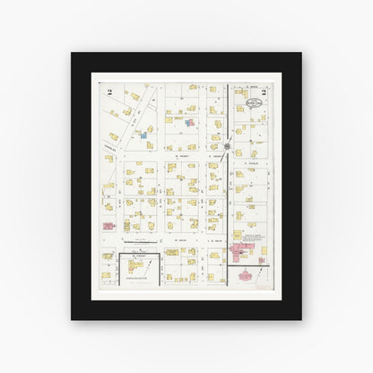 Old map wall art mockup — black gallery frame with white mat — Sanborn Fire Insurance Map from Burr Oak, Saint Joseph County, Michigan (1927), Sheet #0002